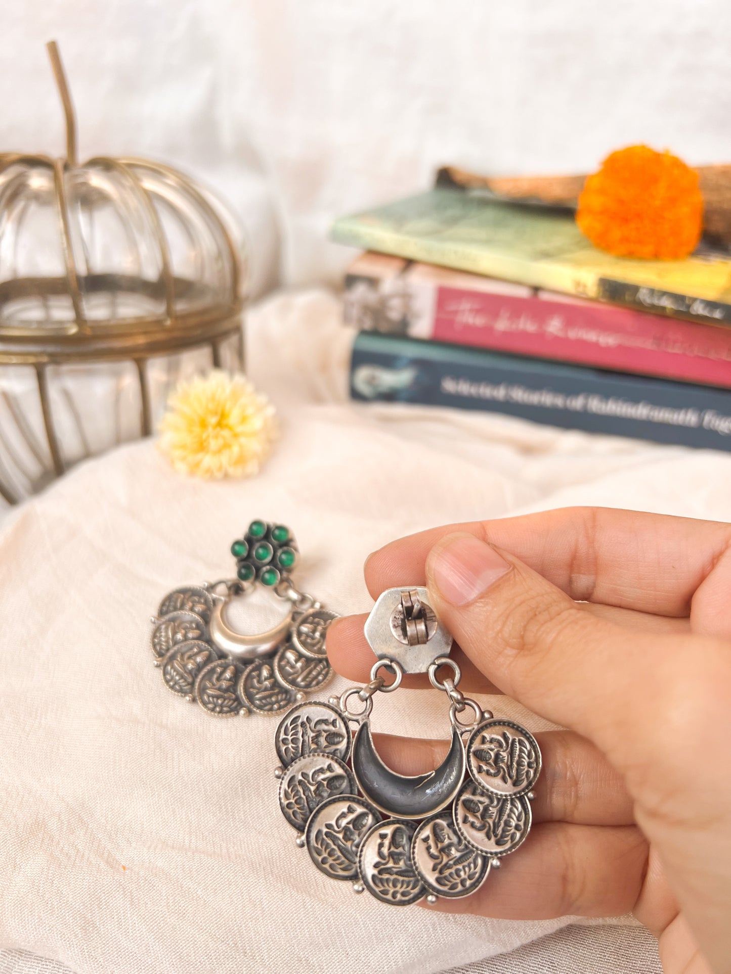 Lakkhi oxidised silver earrings with green onyx