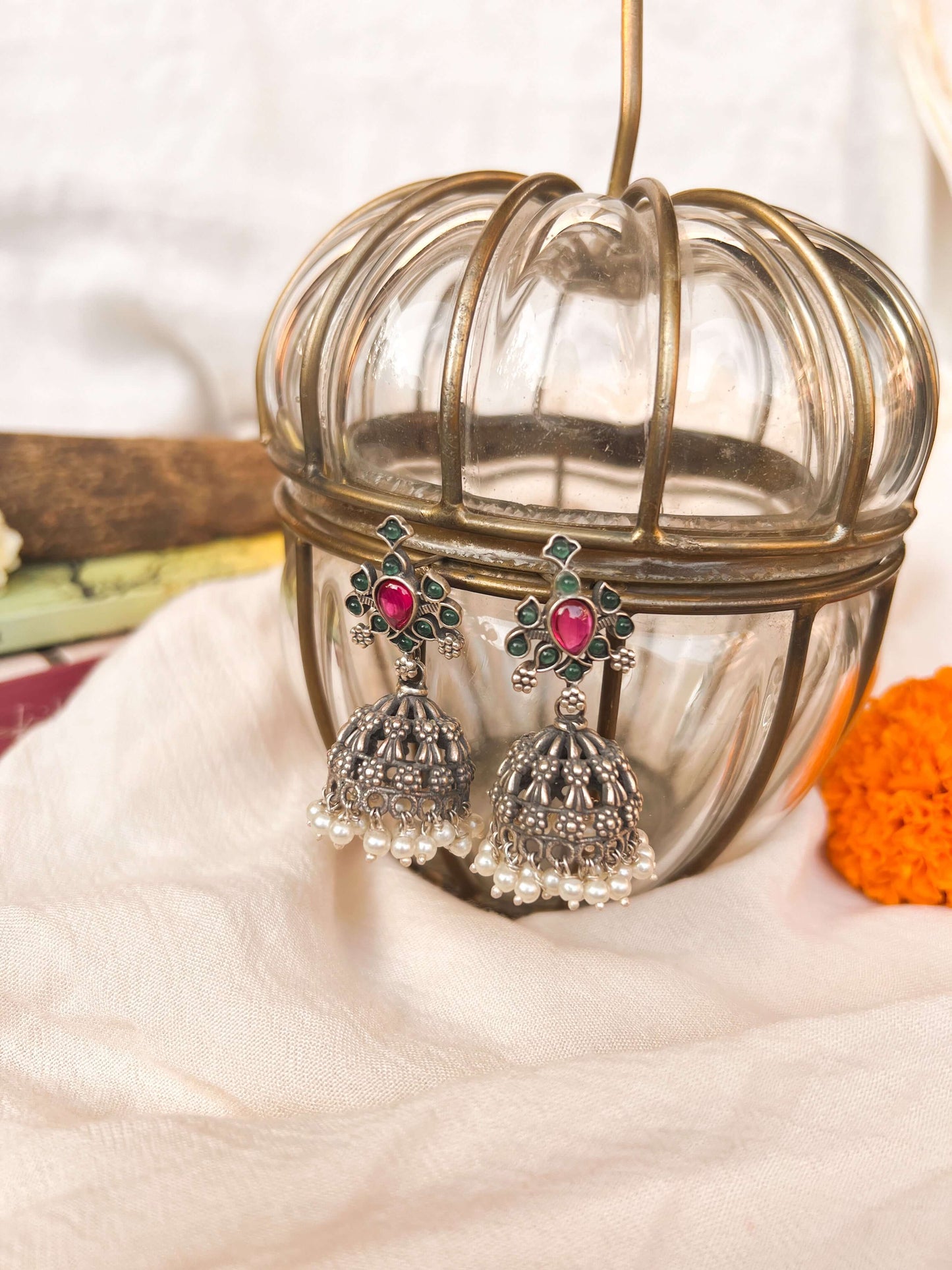 Kashi oxidised silver jhumka with pearl and emerald onyx