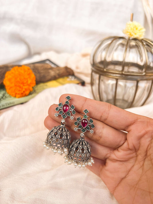 Kashi oxidised silver jhumka with pearl and emerald onyx