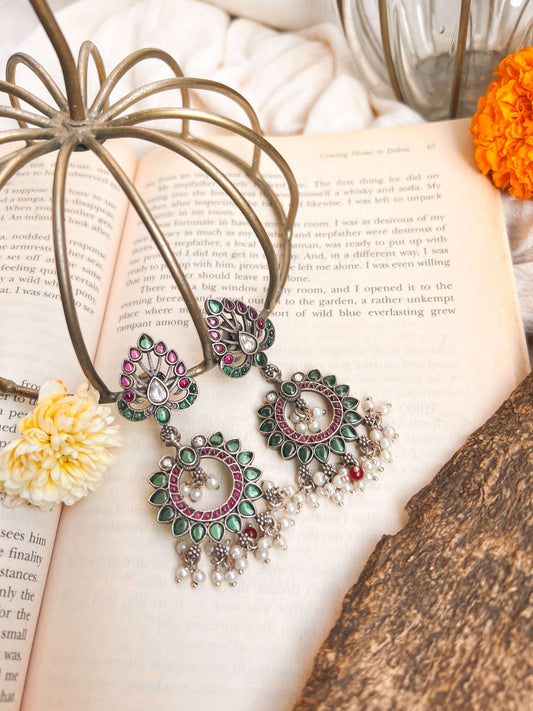 Indrani oxidised silver earrings with green and ruby onyx and cluster pearls