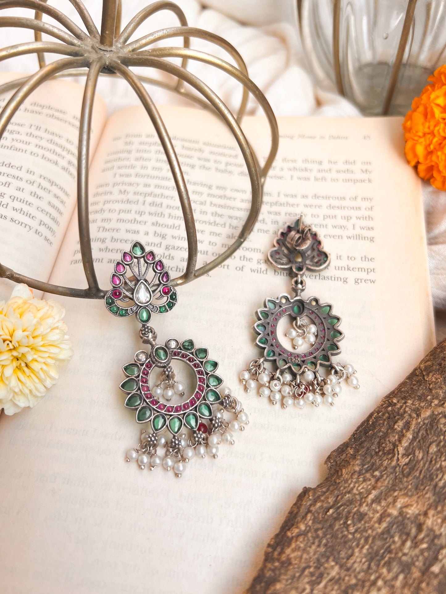 Indrani oxidised silver earrings with green and ruby onyx and cluster pearls