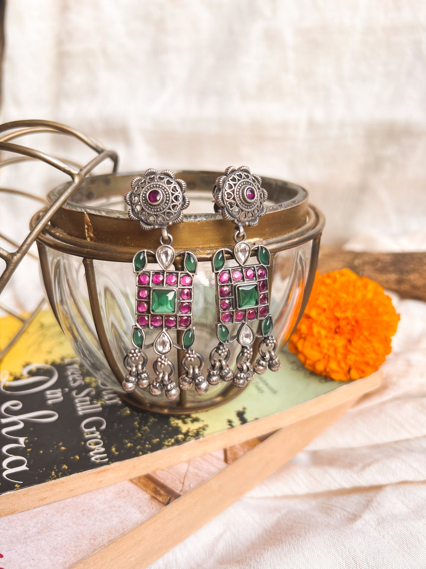 Reha oxidised silver earrings with ruby and green onyx