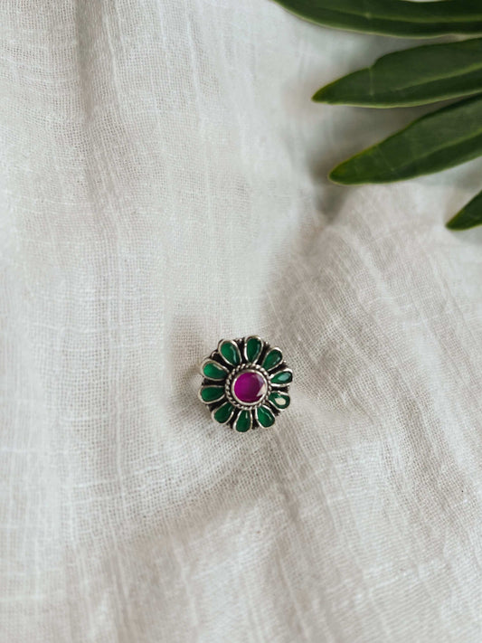 Daksha ring with green and pink glass polki