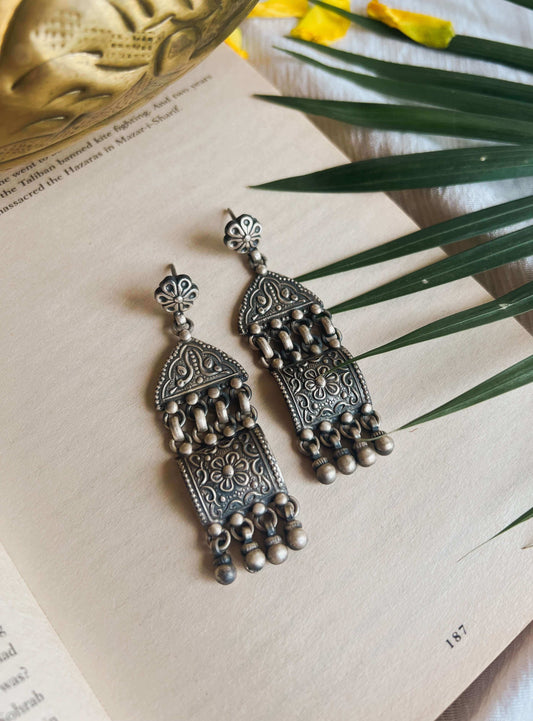 Aditri silver danglers with carved detail and silver beads