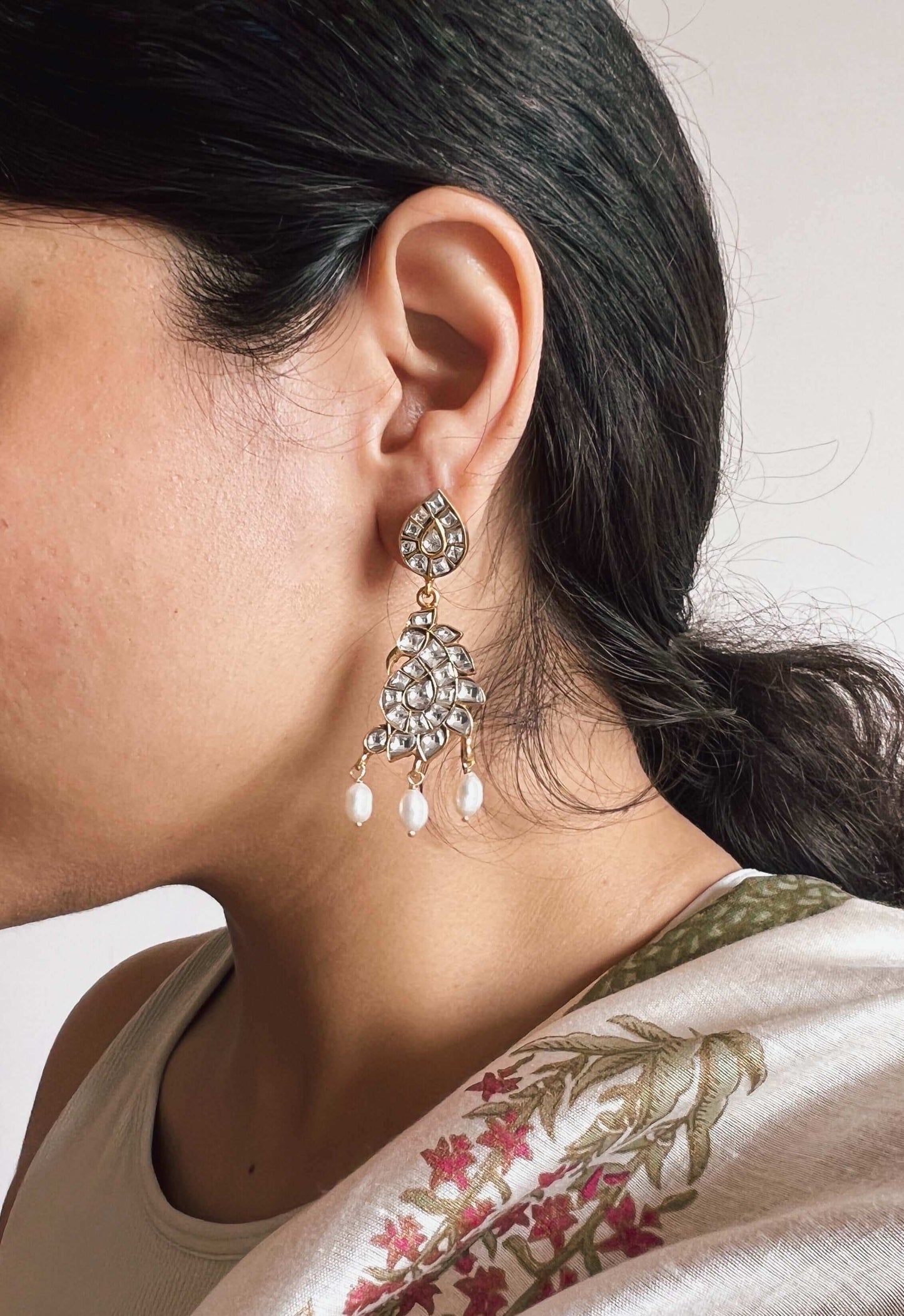Hamsini gold plated silver earrings with polki and natural pearls