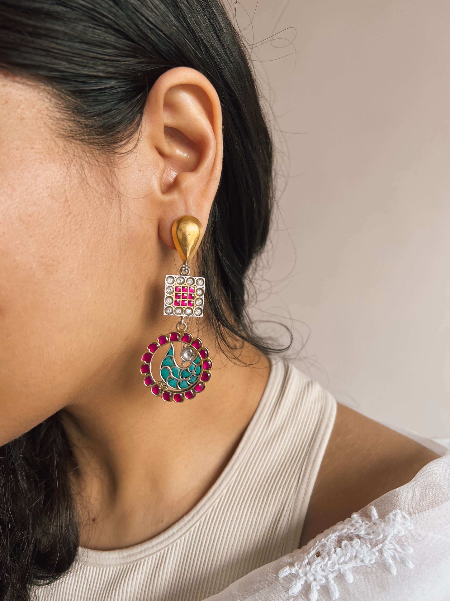 Reva dual tone silver earrings with kundan