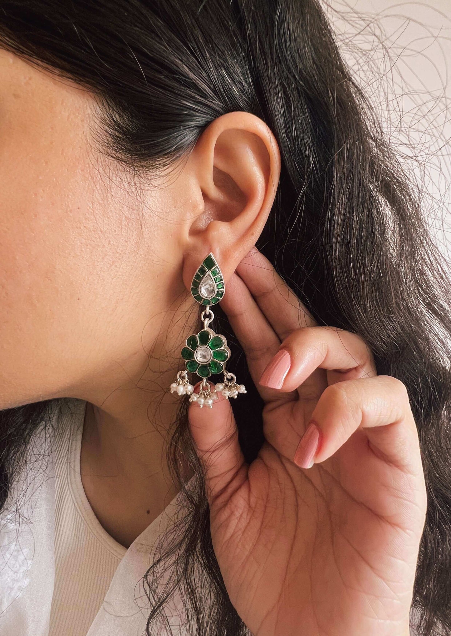 Kalindi silver danglers with green kundan and white polki