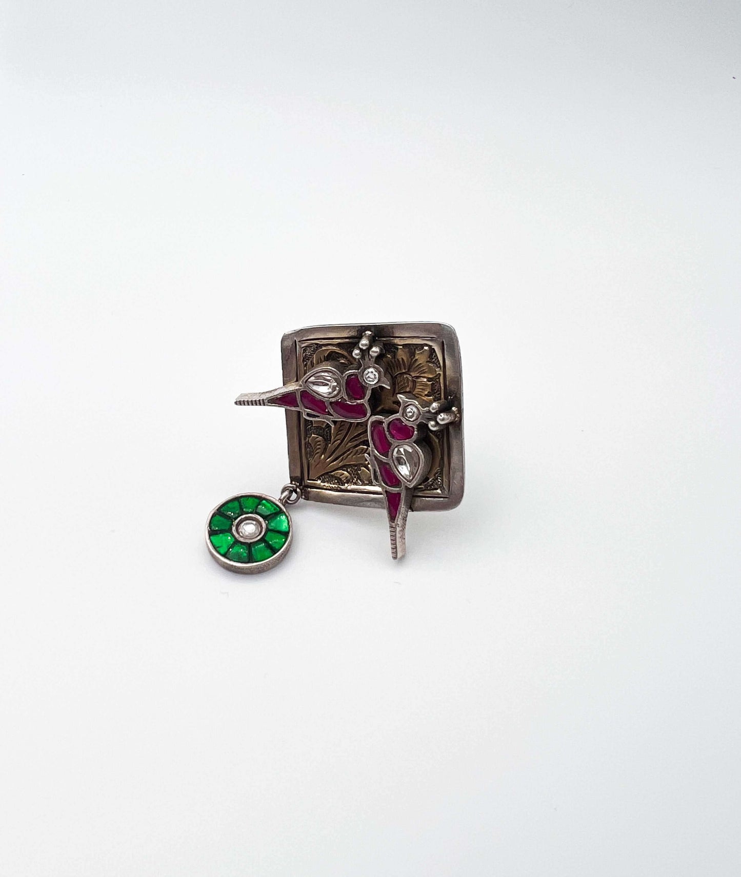 Dwija silver ring with ruby pink and emerald kundan stone