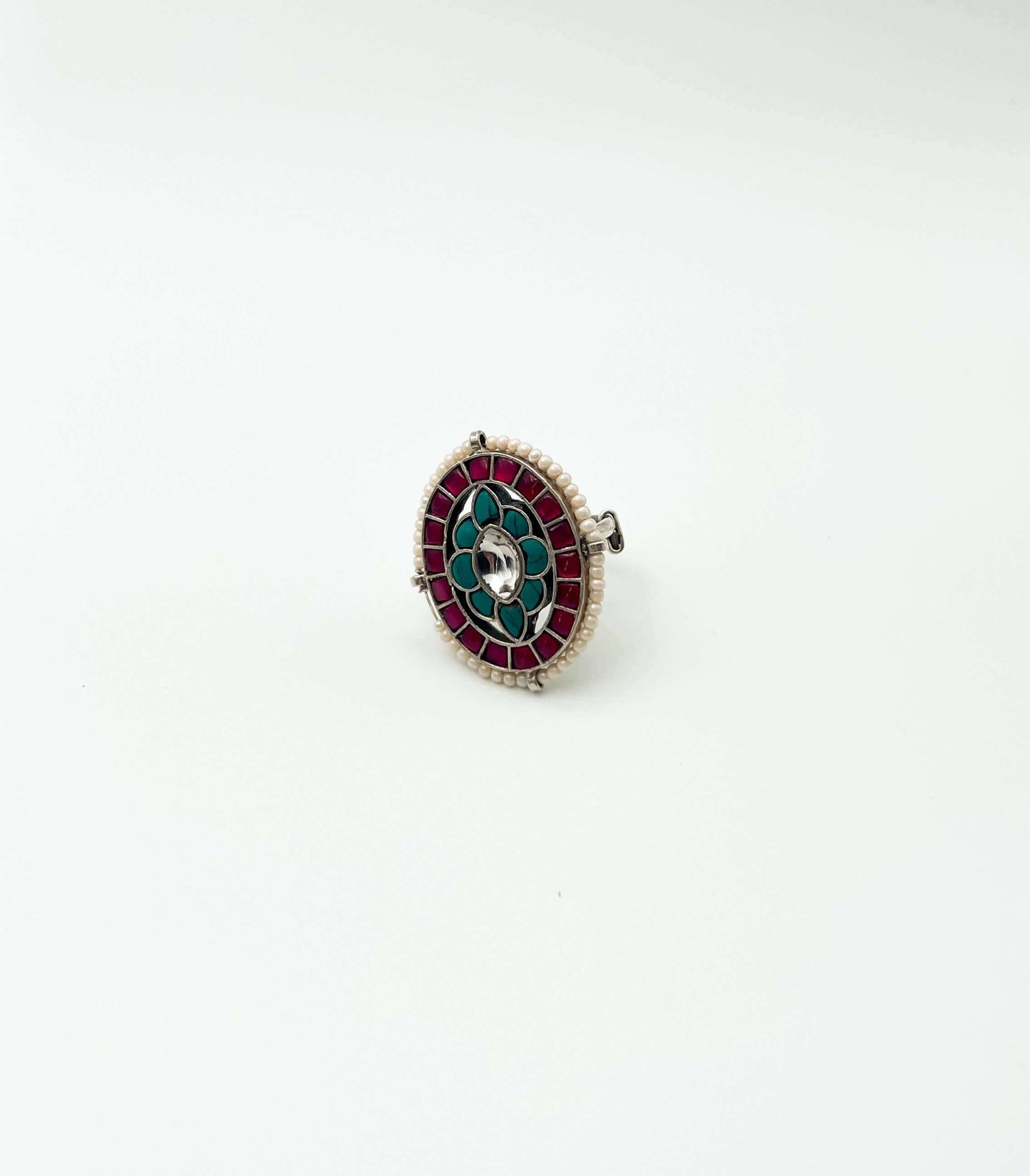 Rangoli silver ring with turquoise and ruby pink kundan