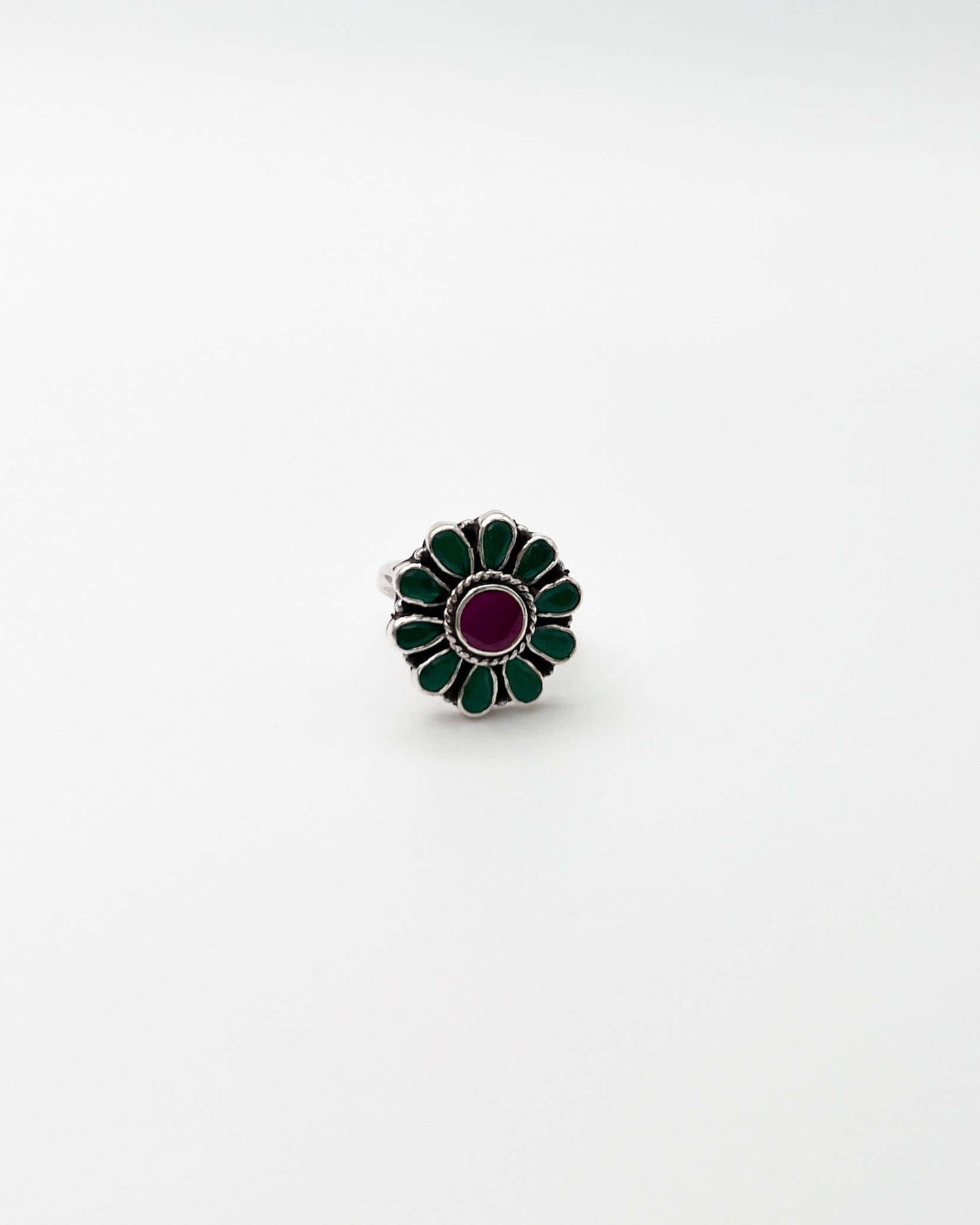 Daksha ring with green and pink glass polki