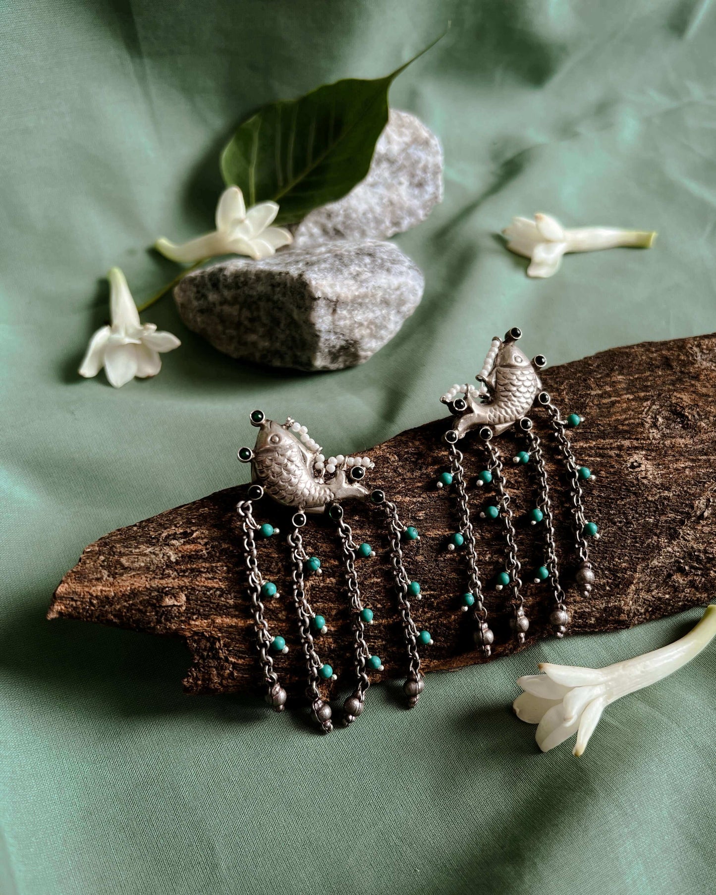 Sagarika oxidised danglers with turquoise beads and pearls