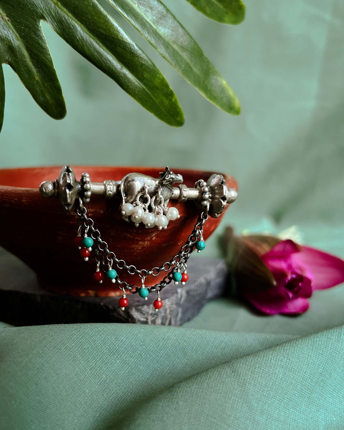 Nandika oxidised silver ring with pearl and chain detail