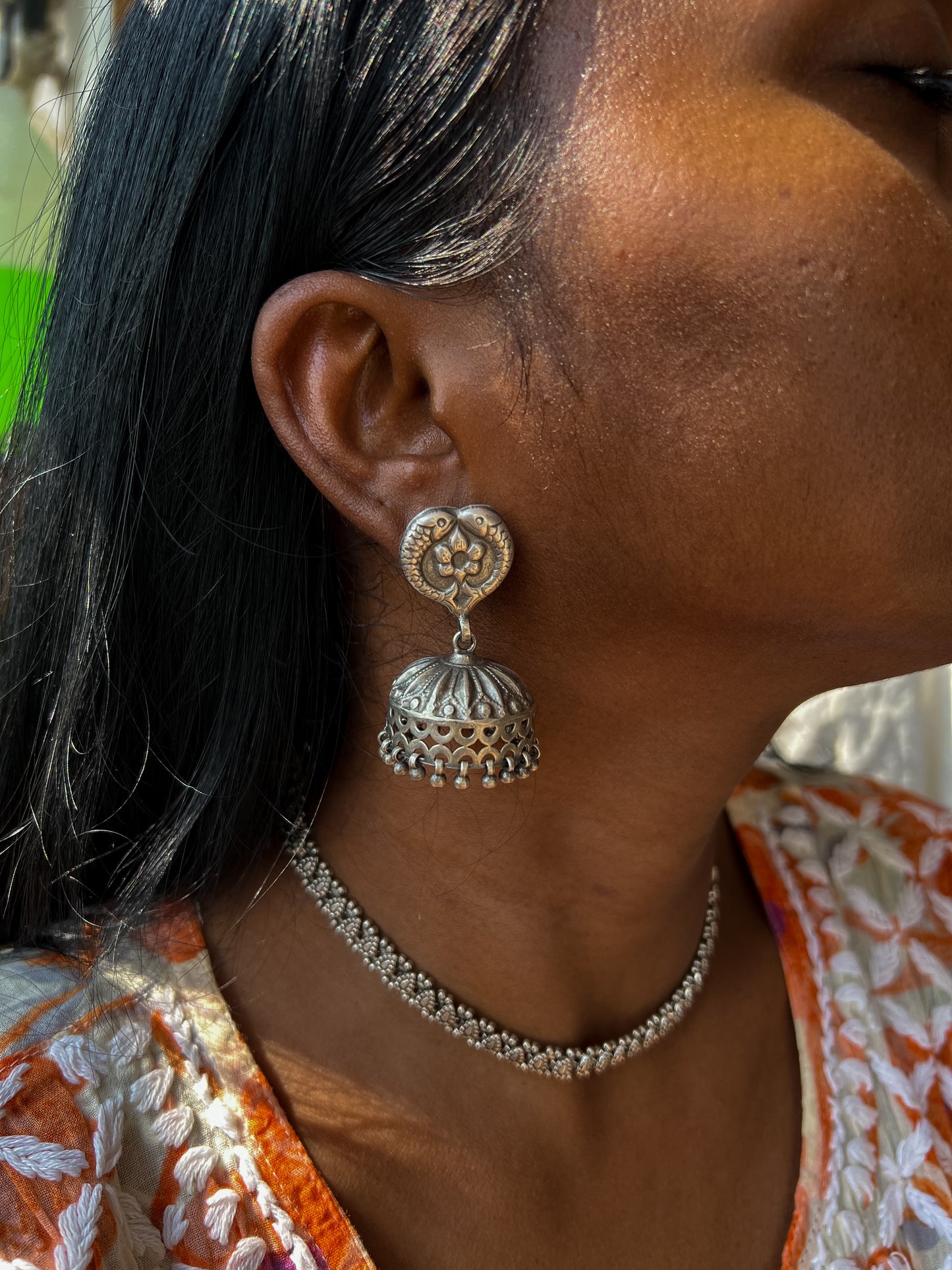 Maitrey oxidised silver jhumka with scallops and ghunghroo detail