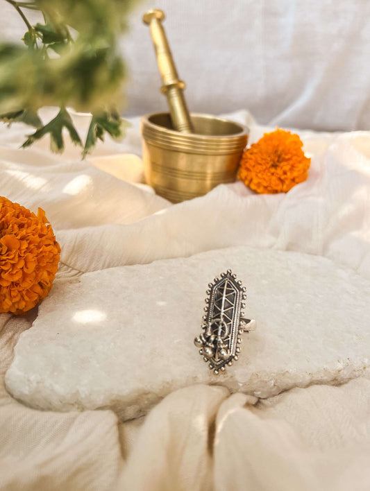 Manya oxidised silver ring with ghunghroo detail