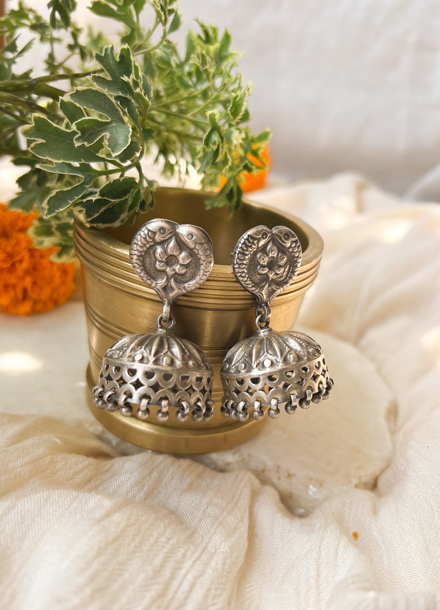 Maitrey oxidised silver jhumka with scallops and ghunghroo detail