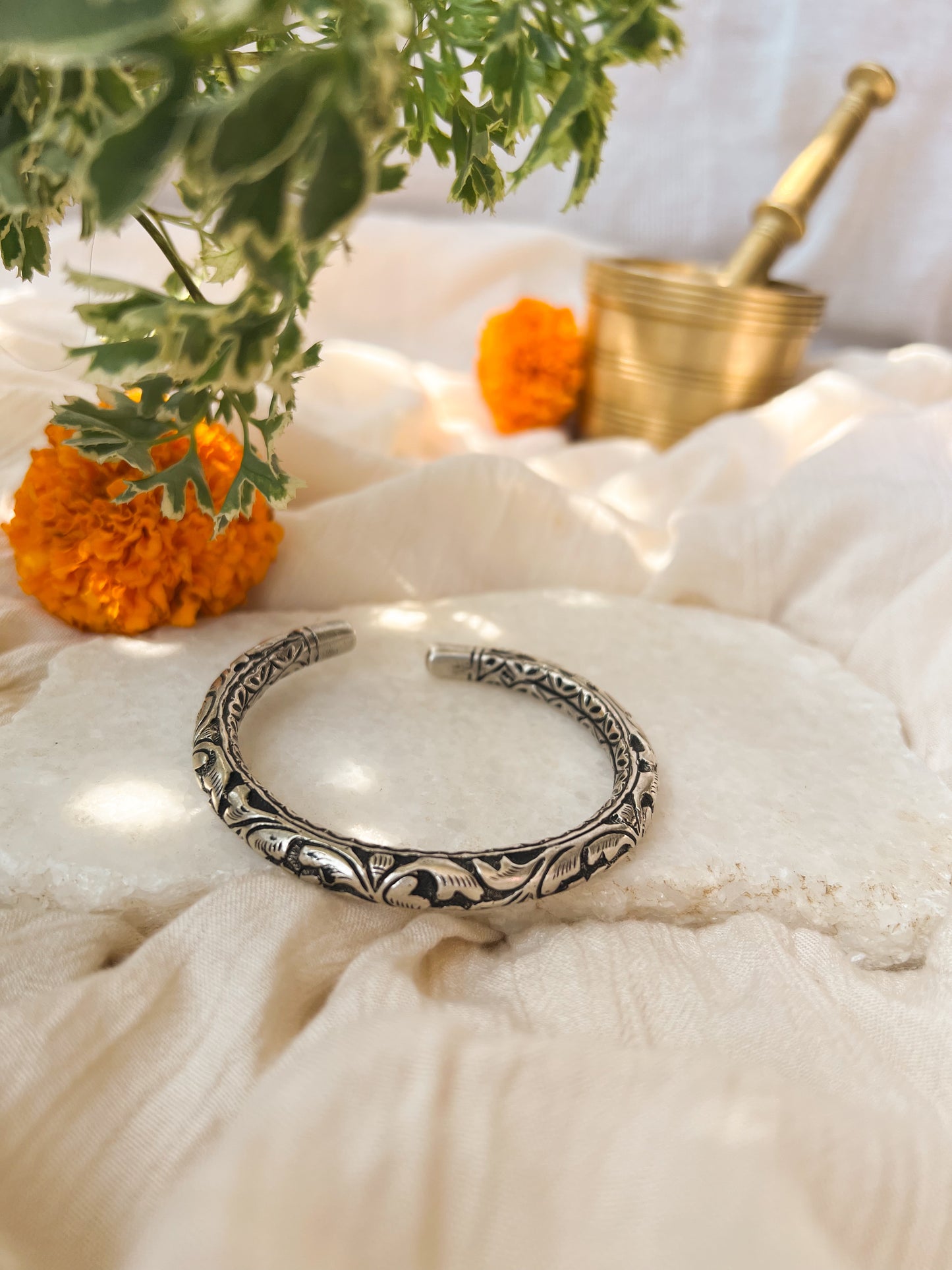 Mukula oxidised silver kada with carved details