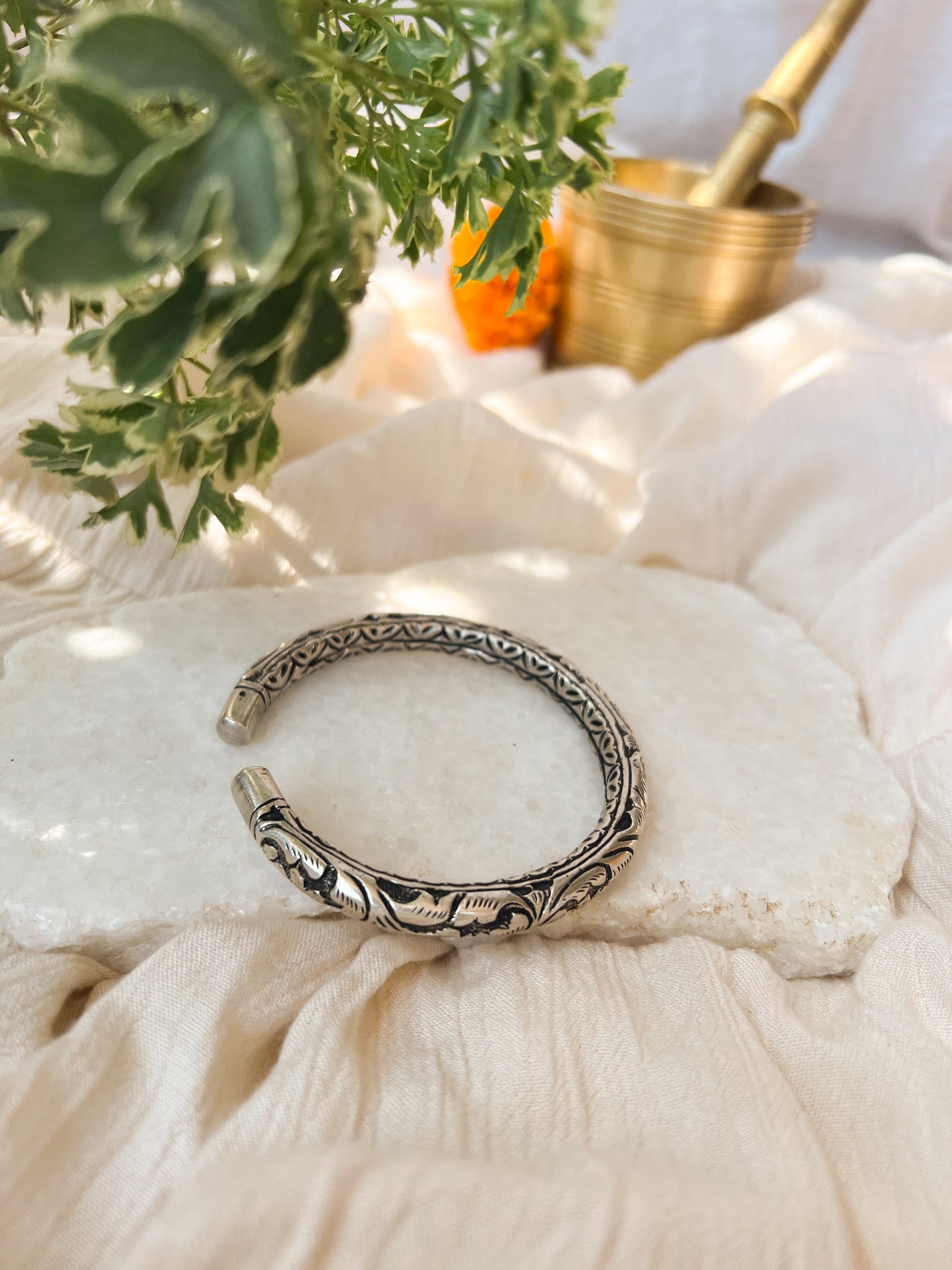 Mukula oxidised silver kada with carved details