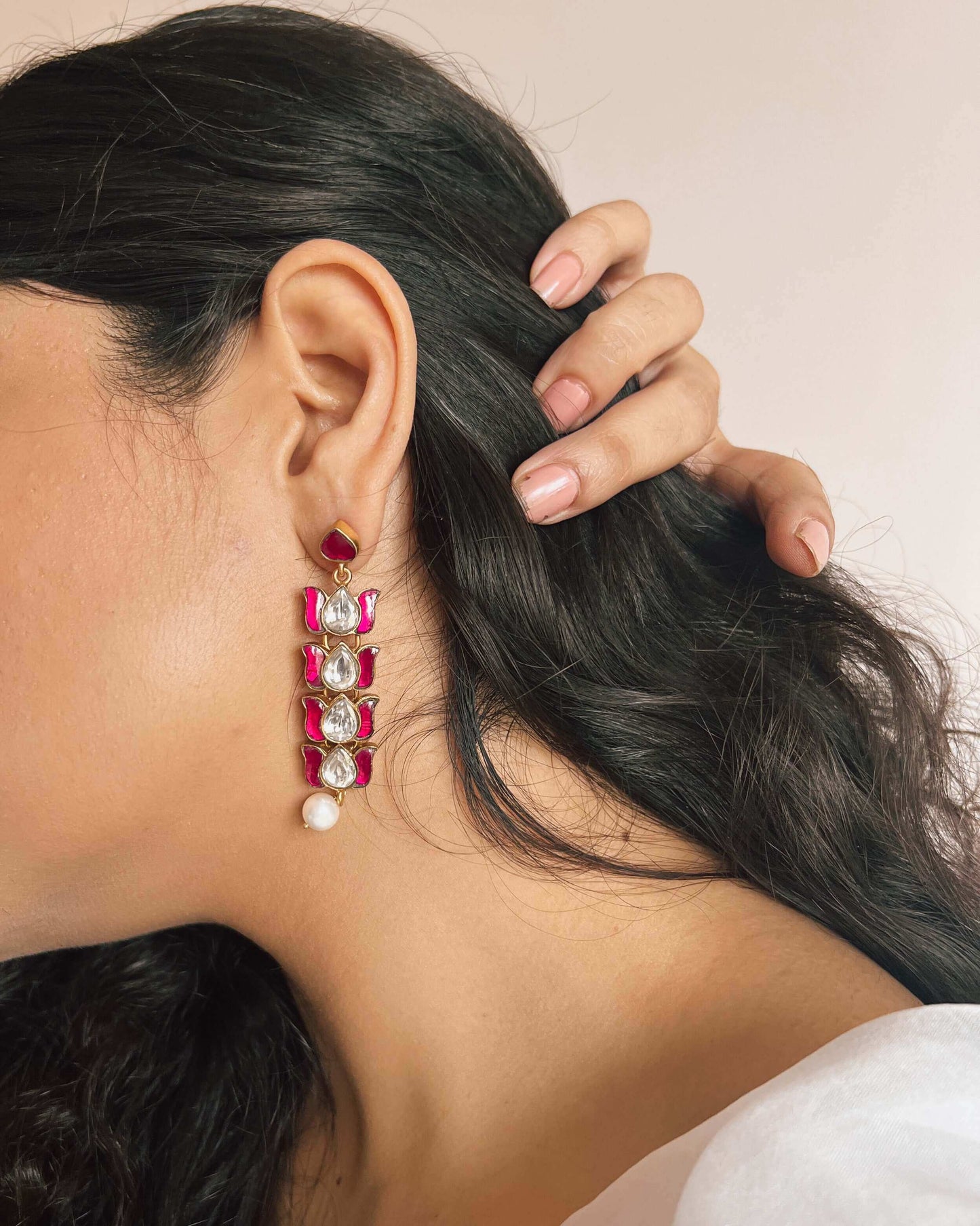 Kumud gold plated silver danglers with pink and white kundan stone