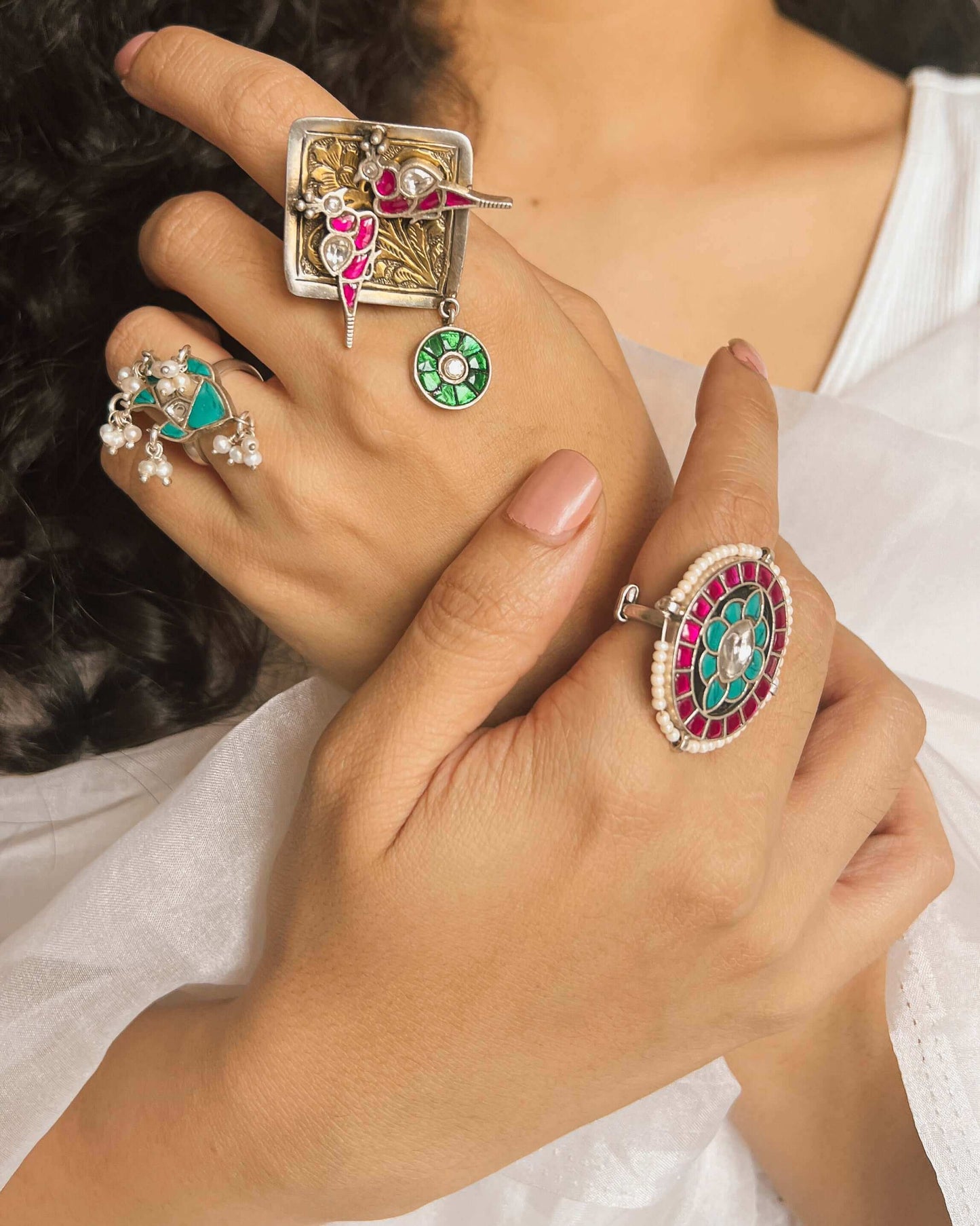 Dwija silver ring with ruby pink and emerald kundan stone