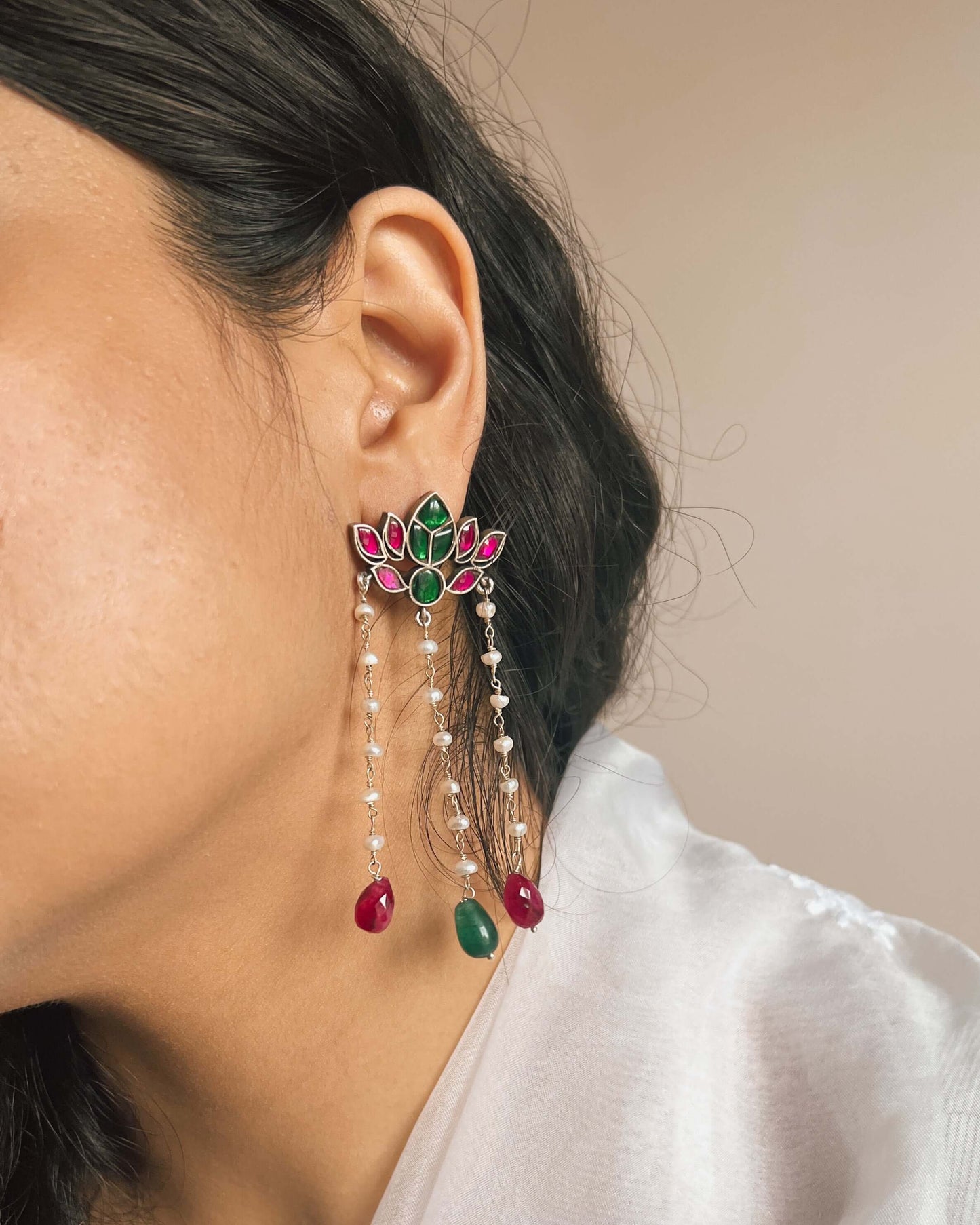 Nalini silver danglers in green and pink kundan