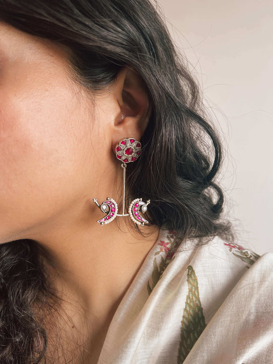 Mayuri silver danglers with ruby pink and white kundan