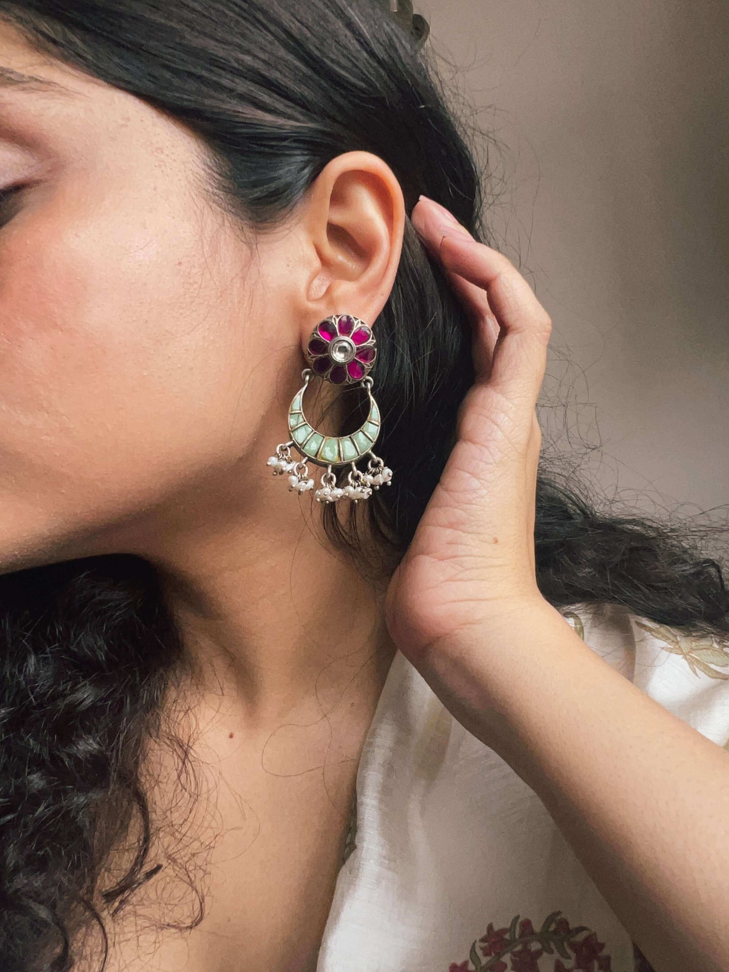 Gauri silver chandbali with colored kundan