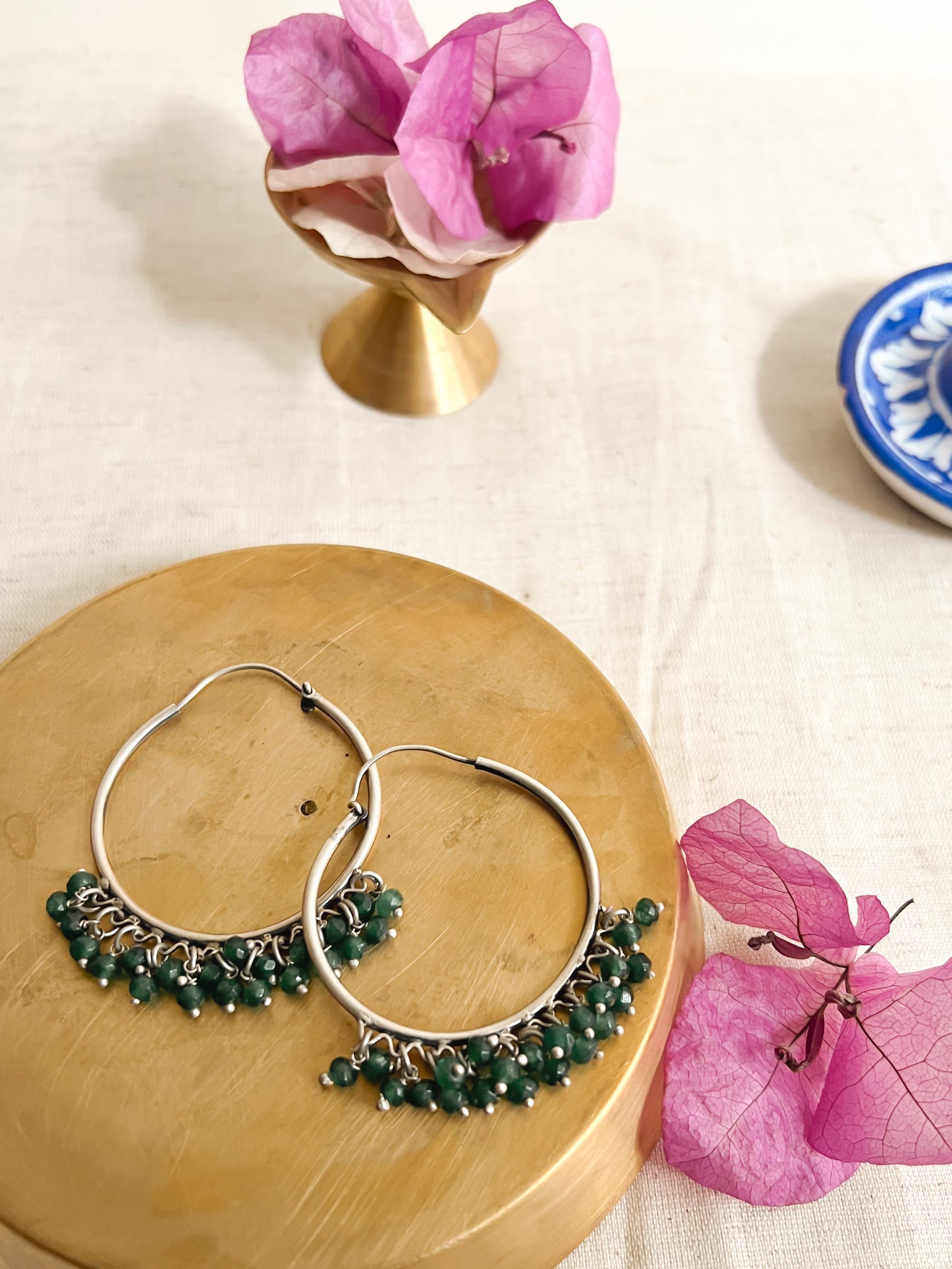 Chakra hoops with emerald cluster beads in sterling silver
