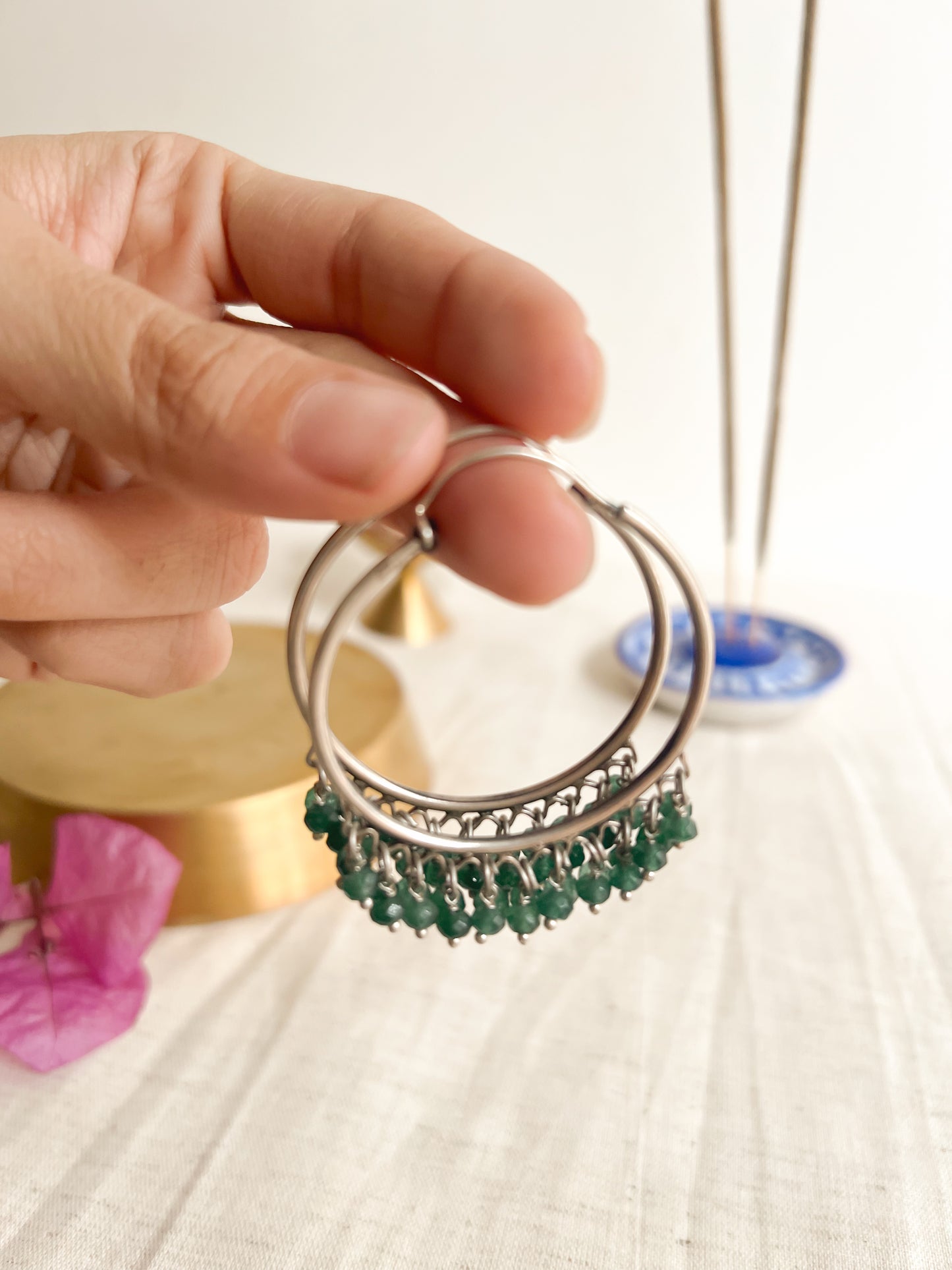 Chakra hoops with emerald cluster beads in sterling silver
