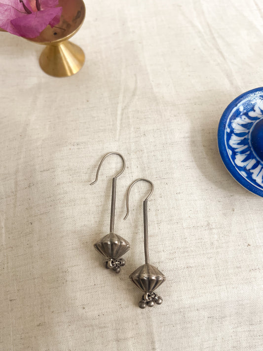 Shastra fish hook oxidised vintage silver earrings
