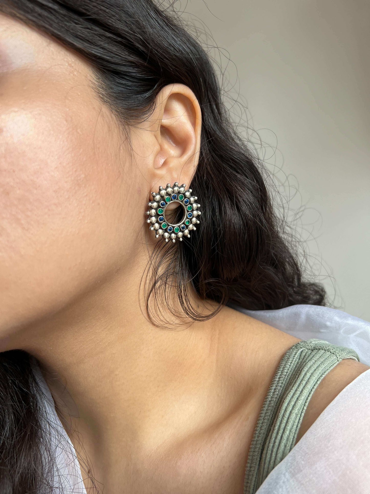 Chakra silver studs with emerald green and blue glass stone