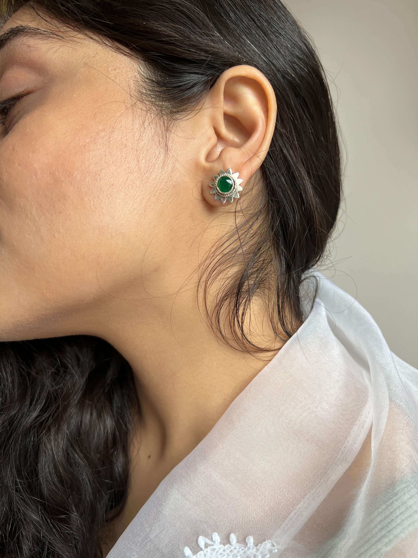 Dhara silver mini studs with emerald stone