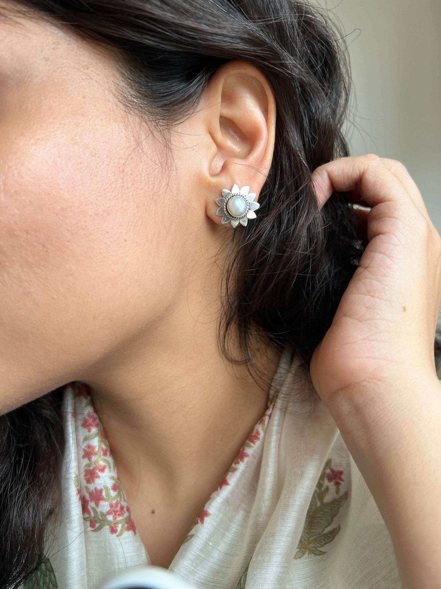 Siddhi pearl accent silver mini studs