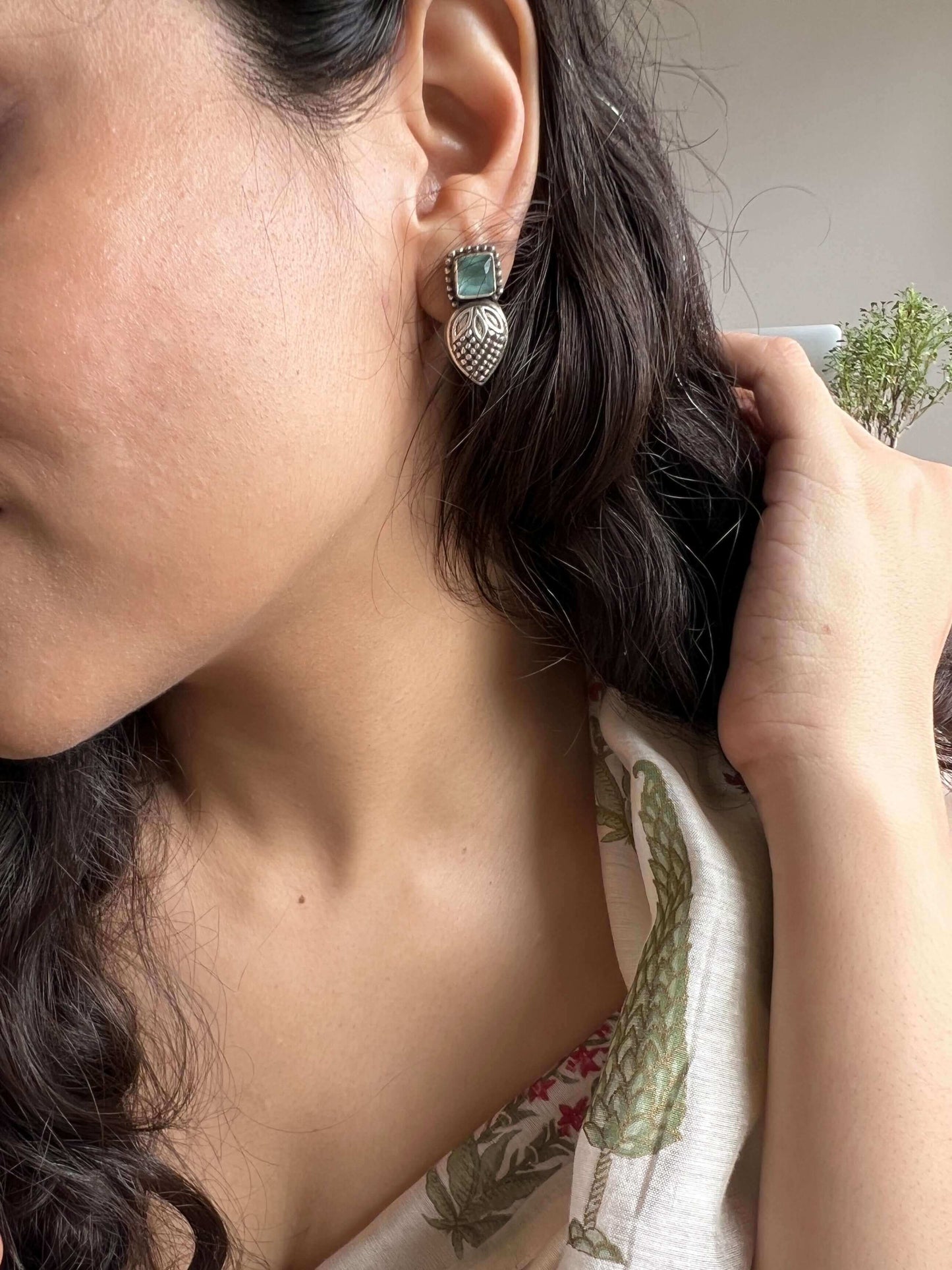 Ojaswini silver mini studs with aquamarine stone