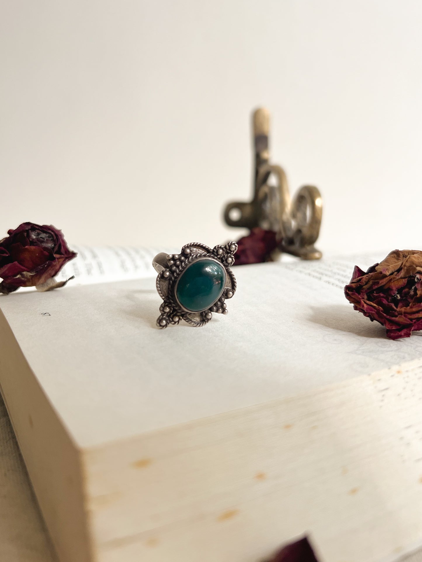 Dhara oxidised silver ring with green onyx (adjustable)