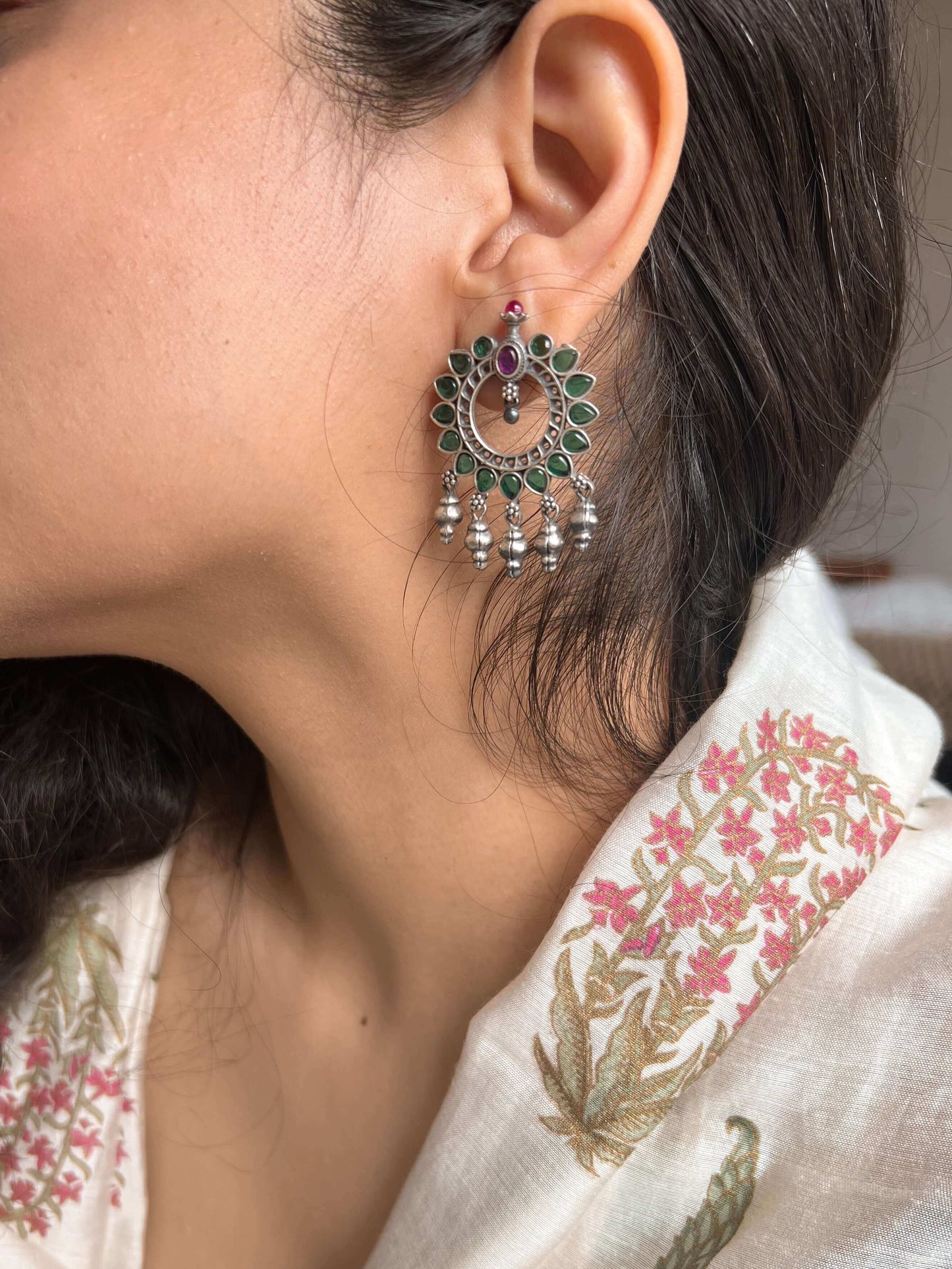 Aryahi green n ruby pink stud earrings with silver beads