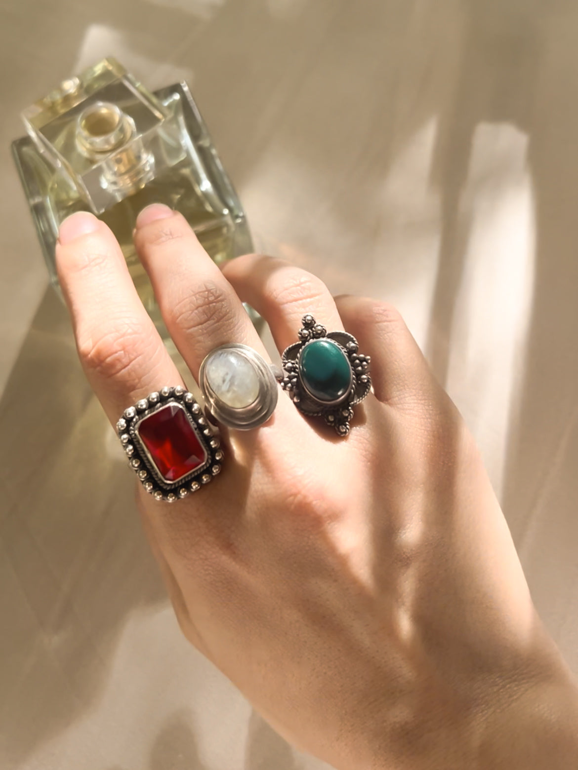 Dhara oxidised silver ring with green onyx (adjustable)