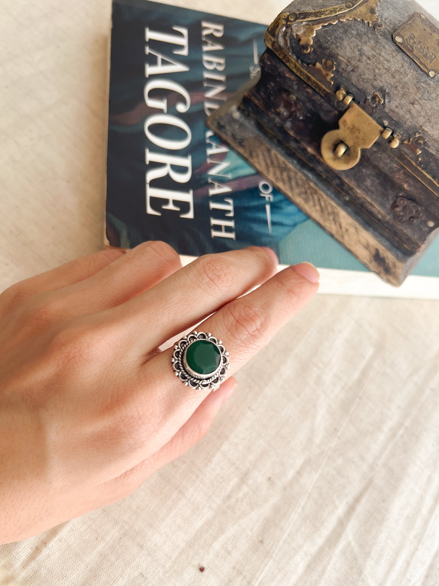 Kaavish silver ring with green onyx (adjustable)