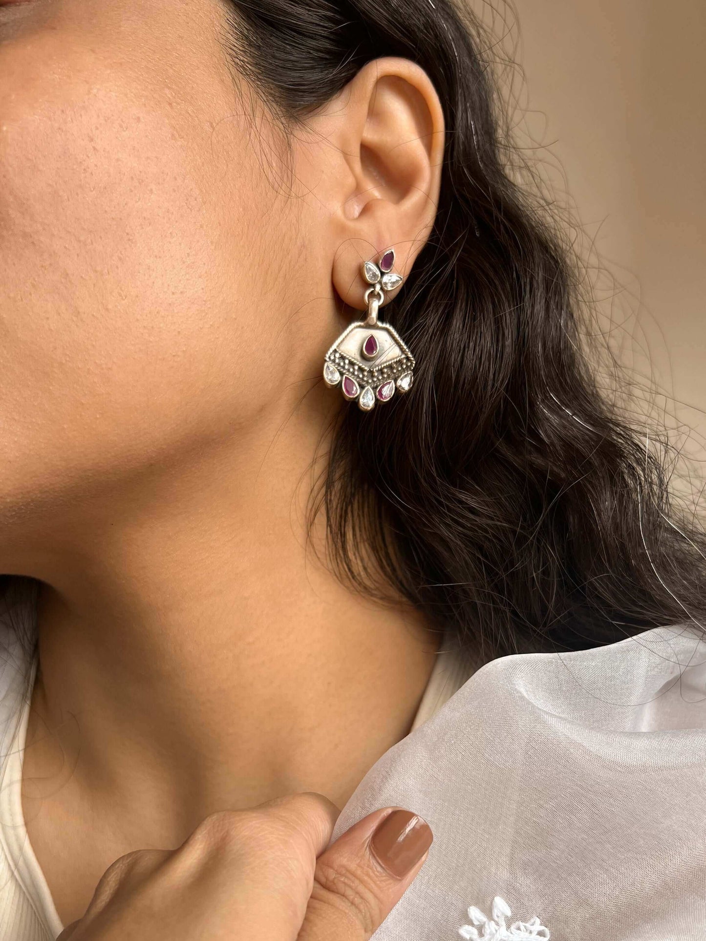 Agrata oxidised danglers in ruby pink and zircon stone