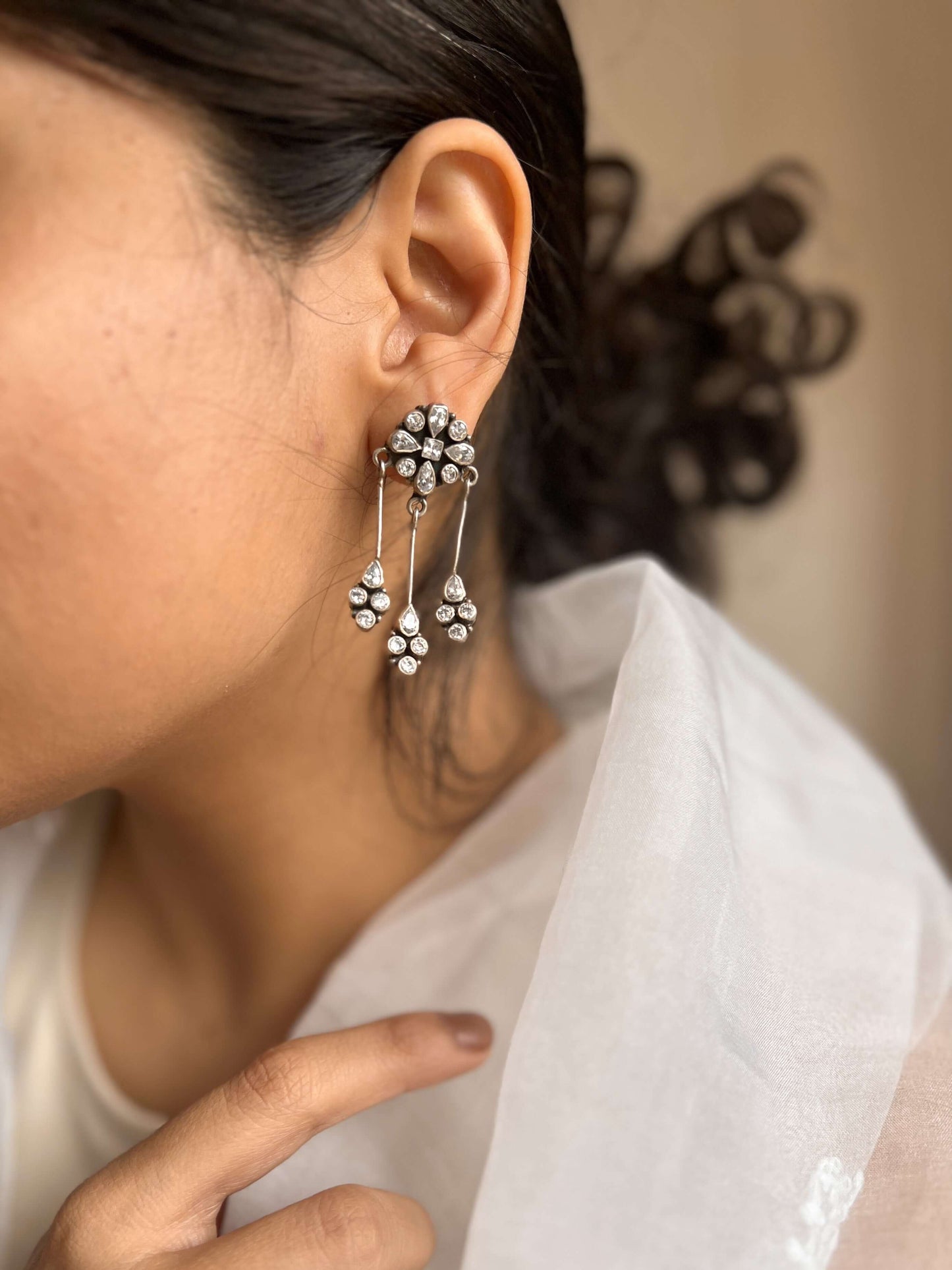 Brinda silver Danglers with white glass stones