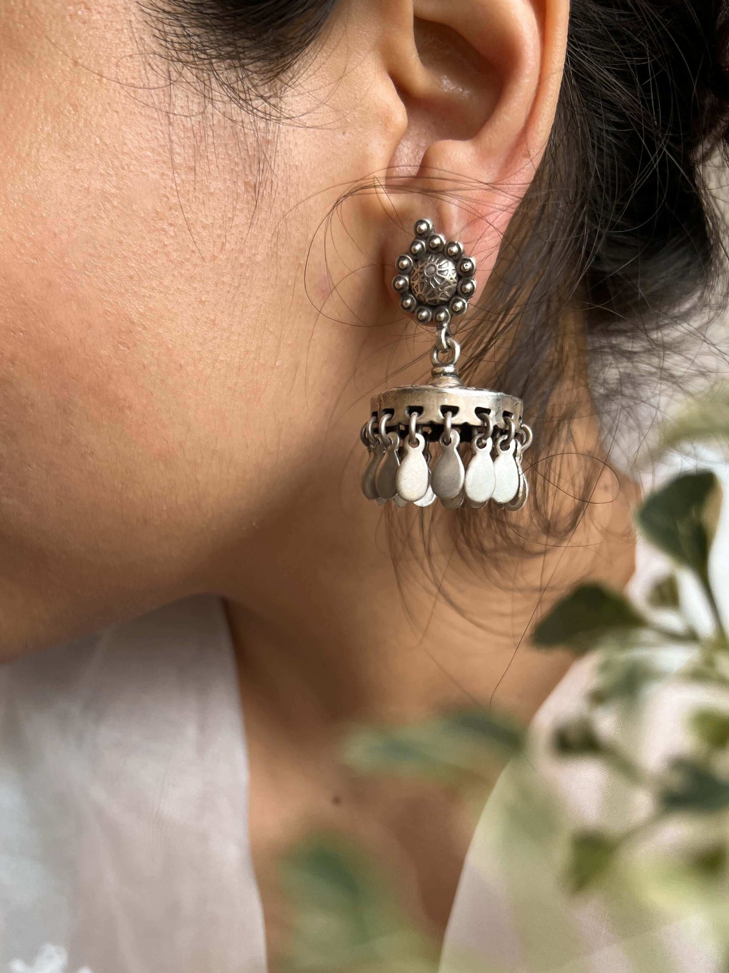 Aarya silver jhumka with leaf hanging detail