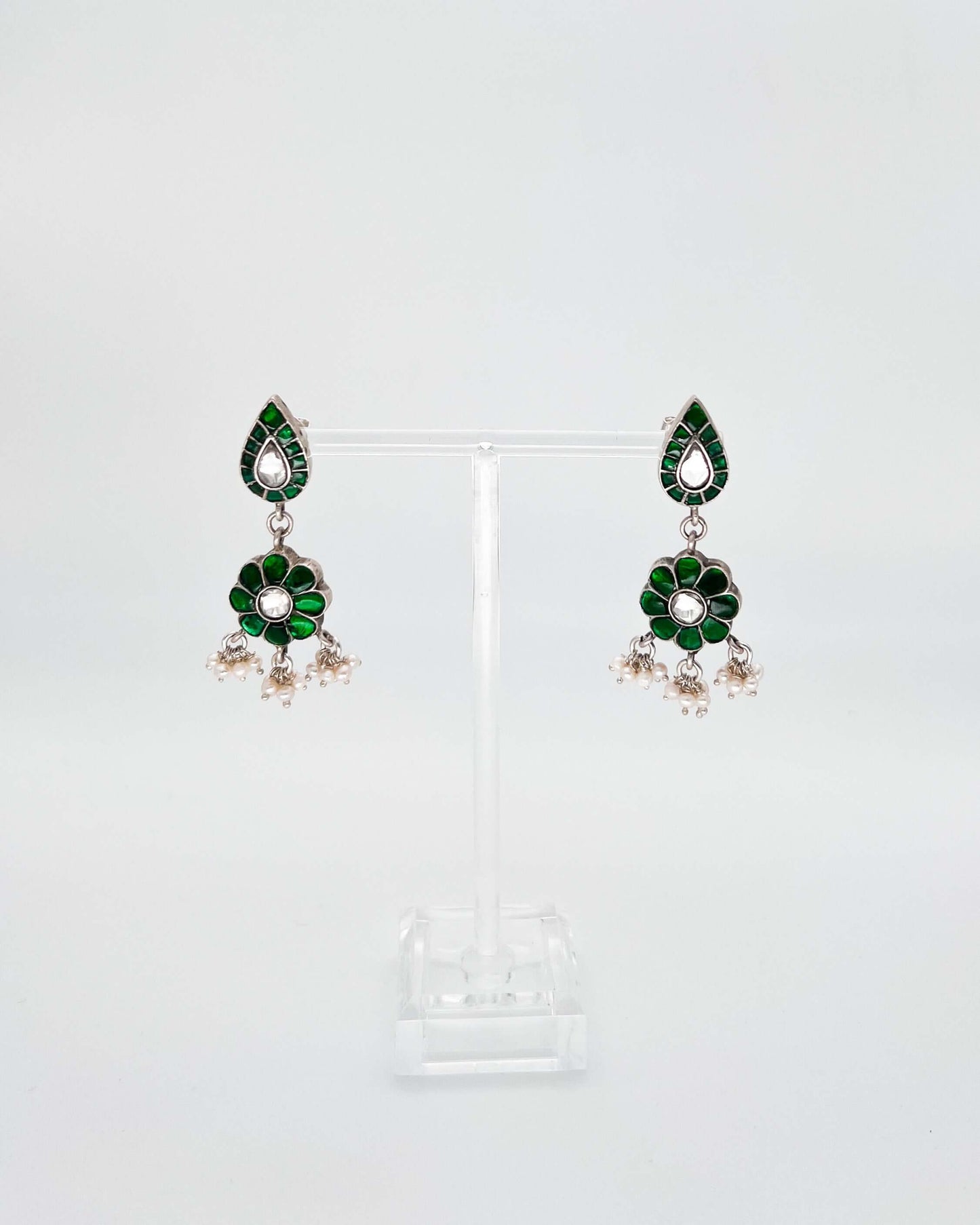 Kalindi silver danglers with green kundan and white polki