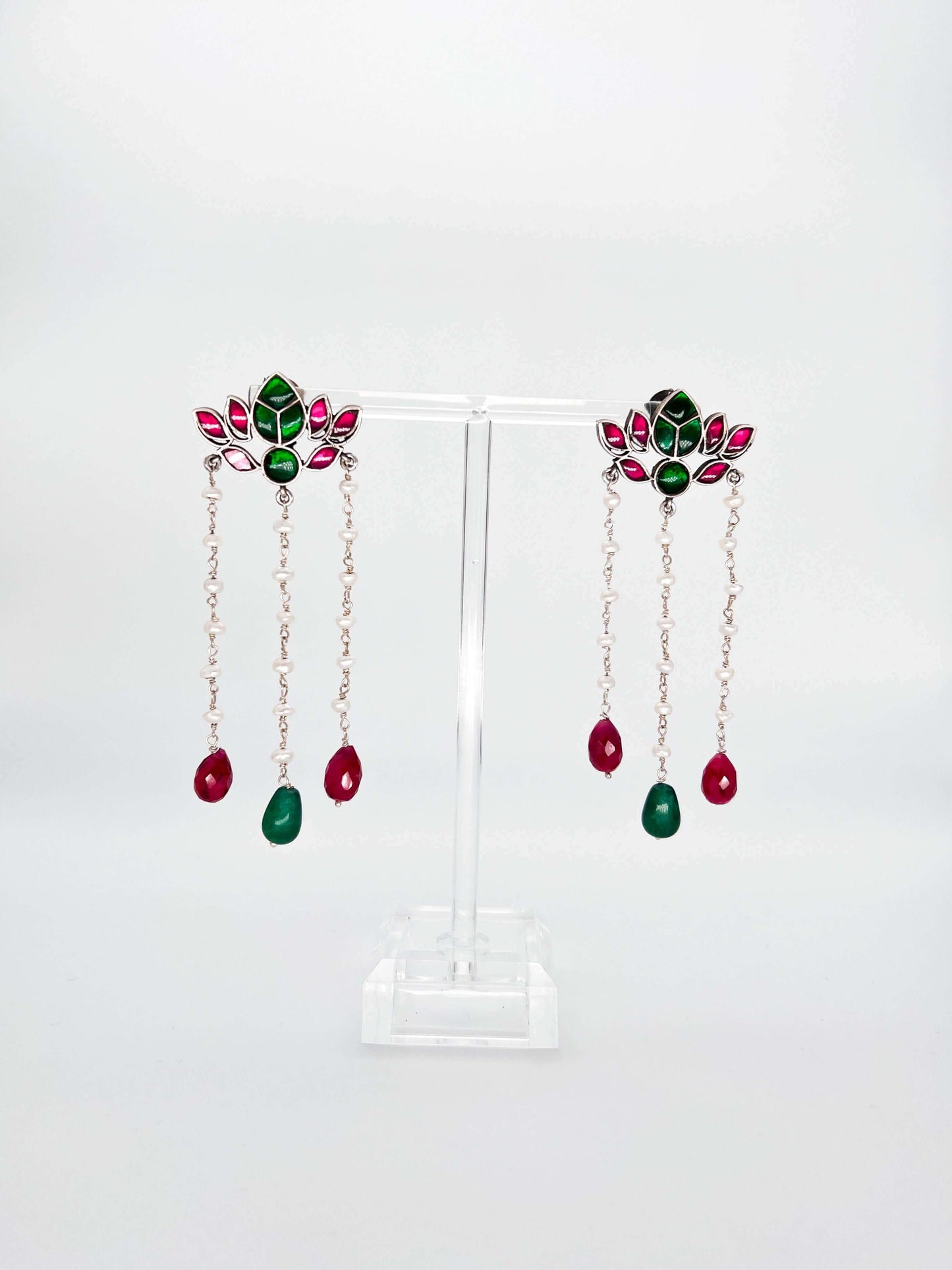 Nalini silver danglers in green and pink kundan