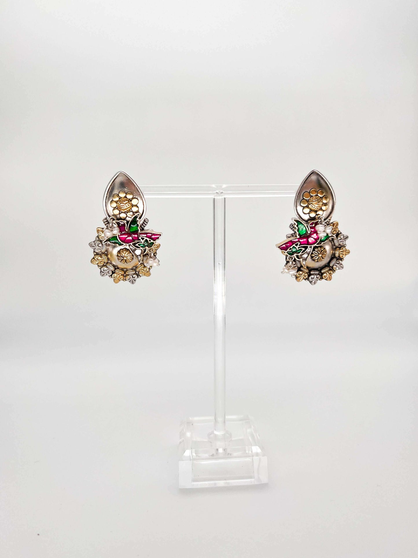Pakhi dual tone earring with pink & green kundan birds