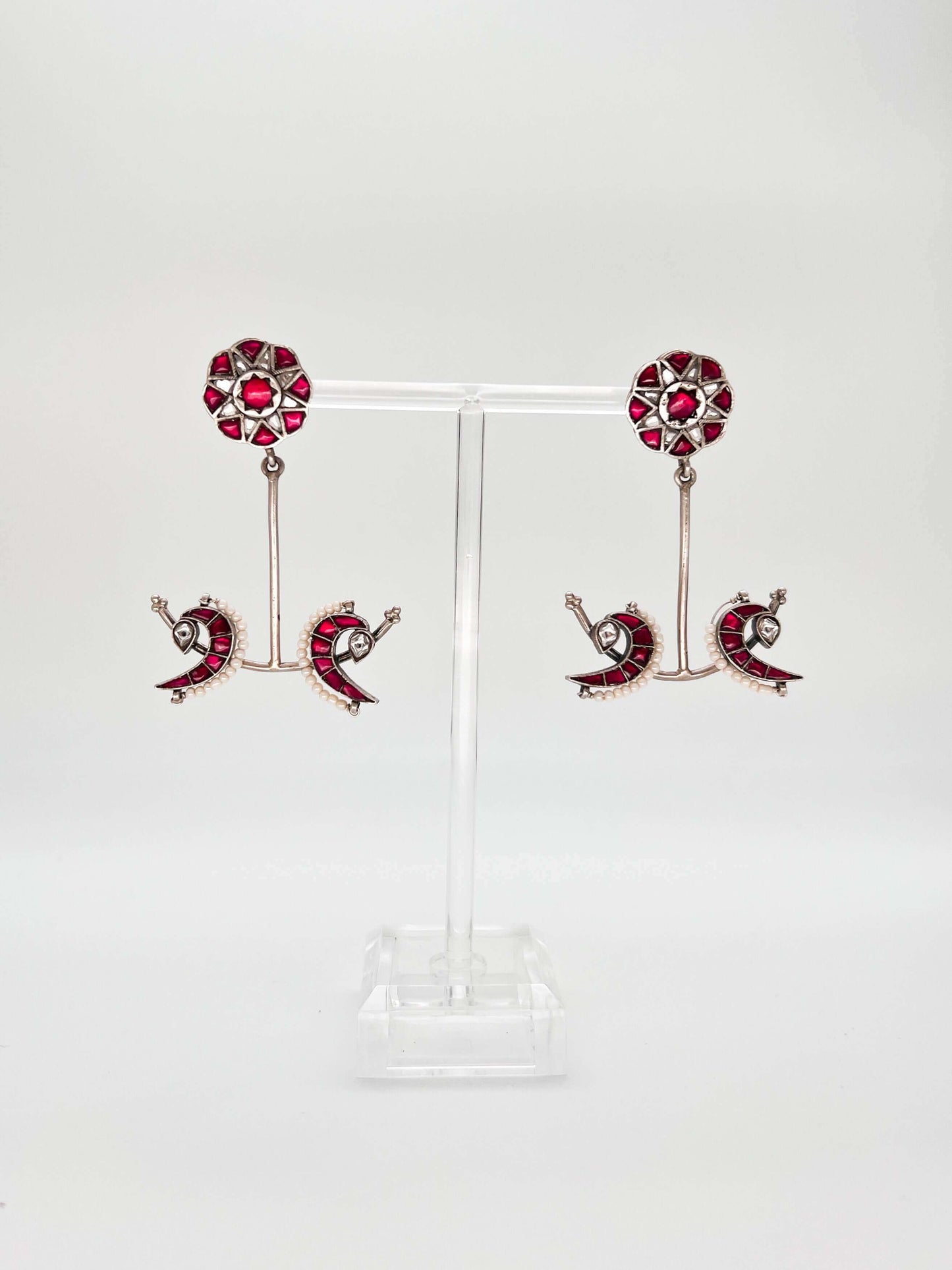 Mayuri silver danglers with ruby pink and white kundan