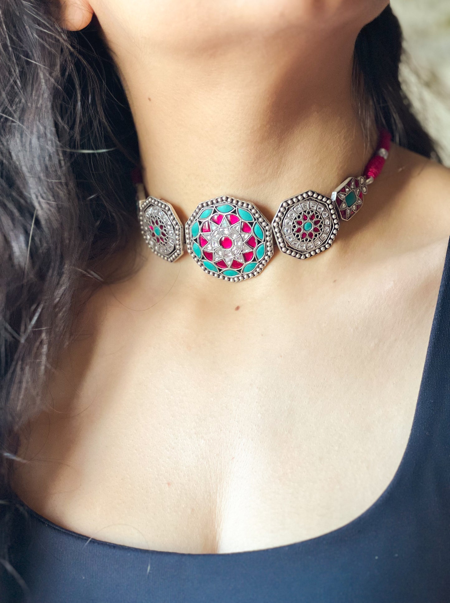 Rangeela choker in silver with intricate kundan work in aqua and rani pink stone