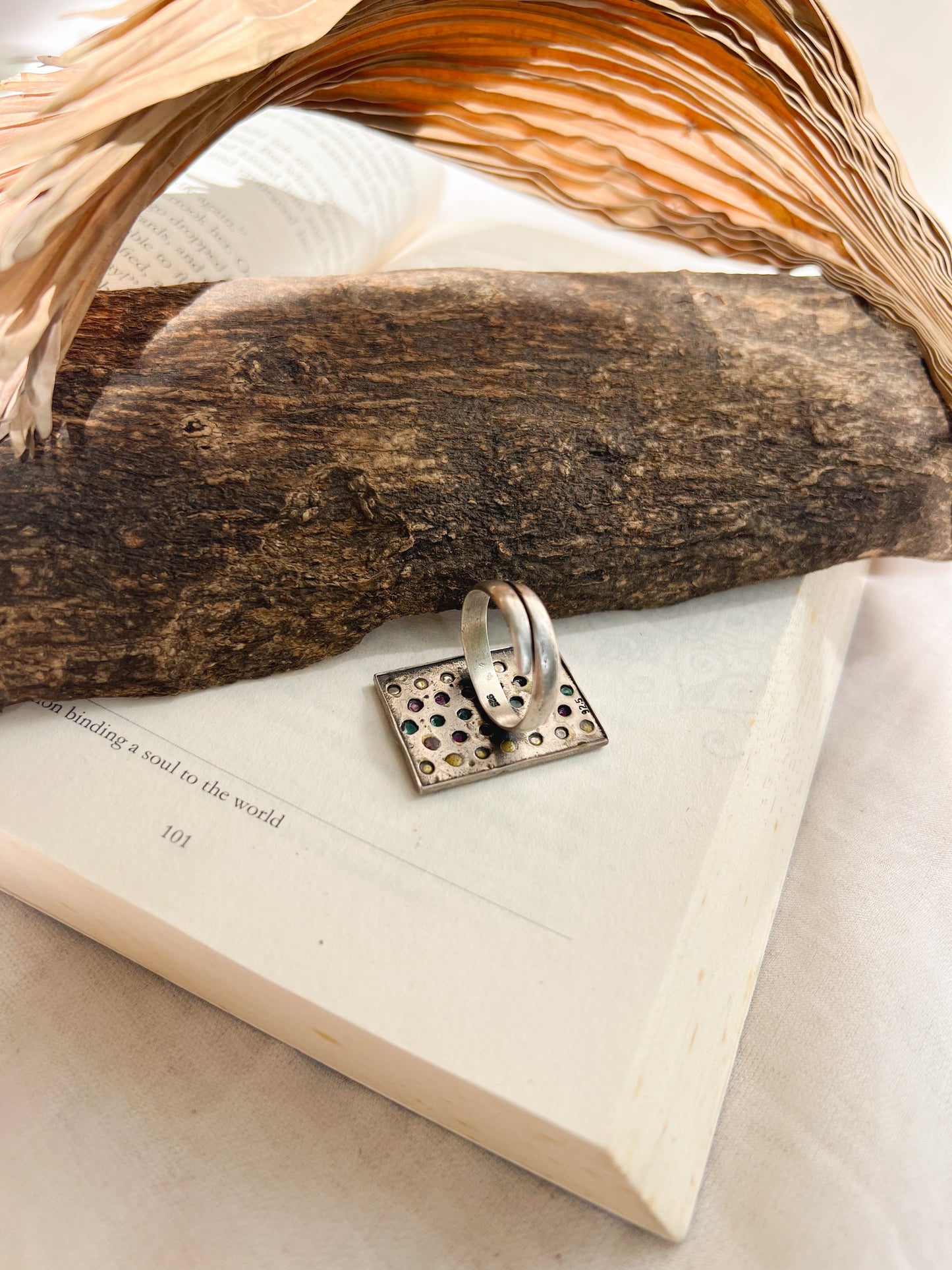 Chopad ring with colorful glass bead details in silver