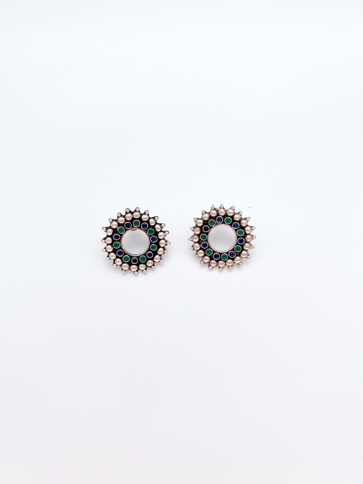 Chakra silver studs with emerald green and blue glass stone