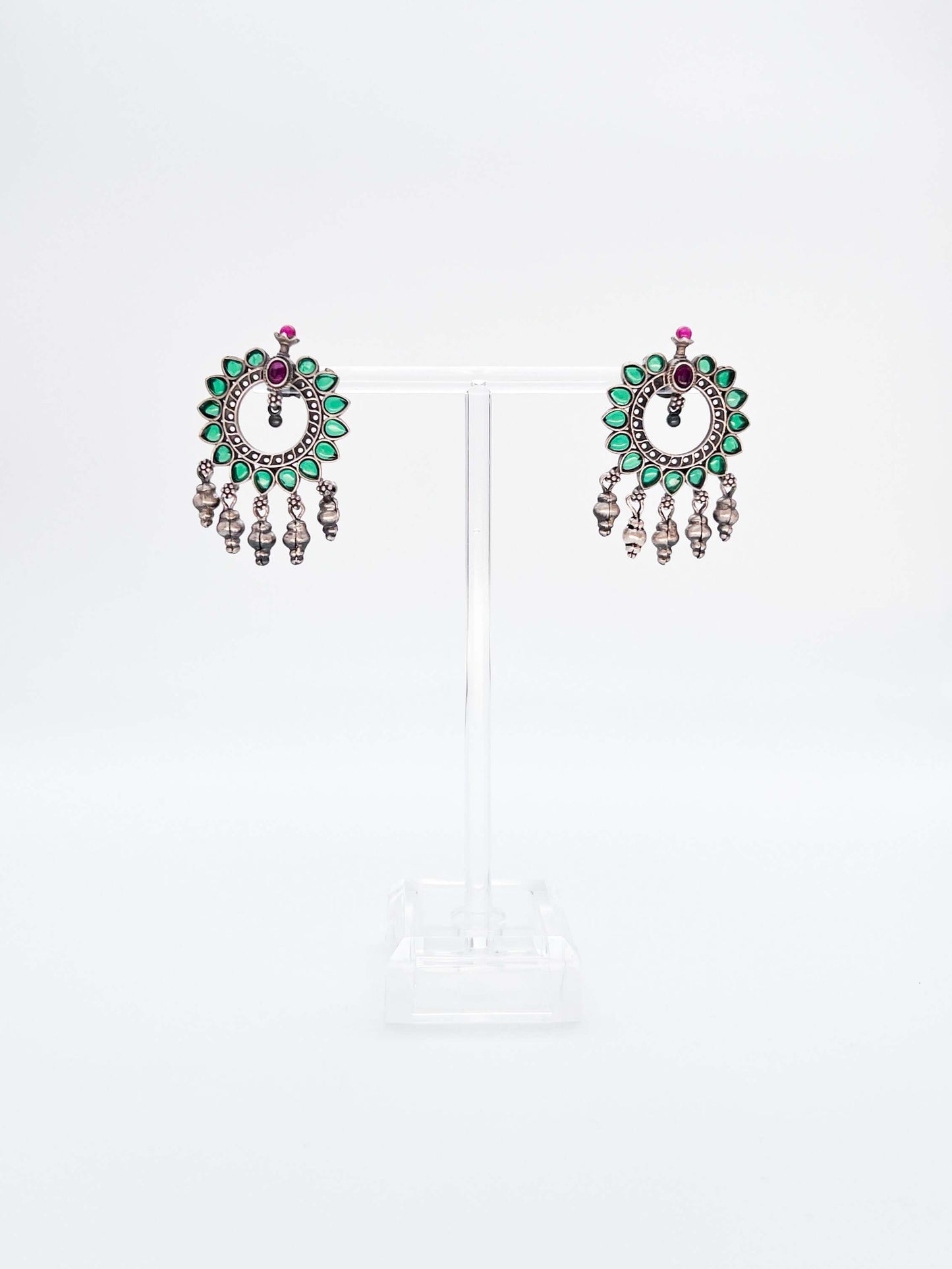 Aryahi green n ruby pink stud earrings with silver beads