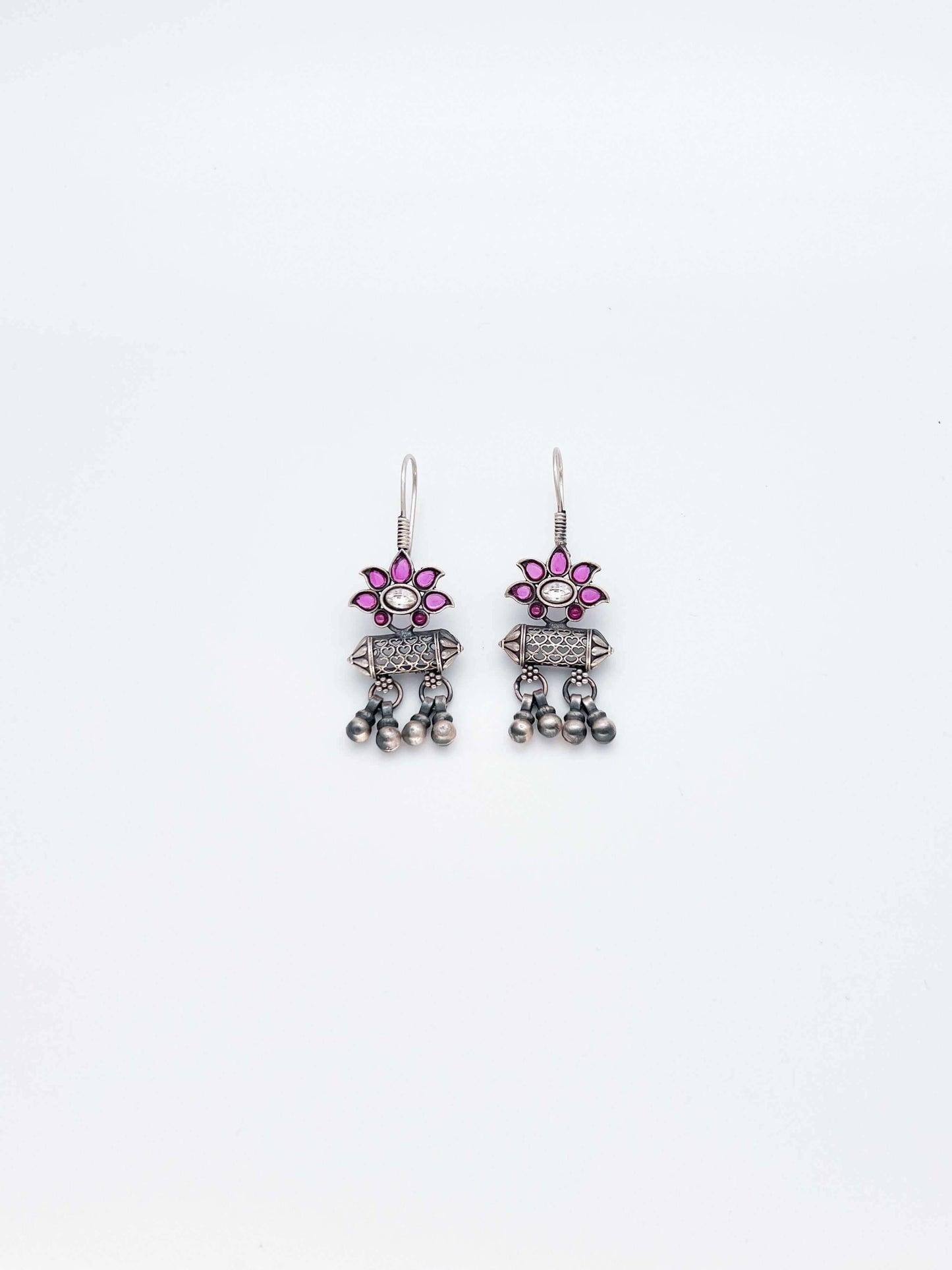 Aeindri pink stone silver earring with silver beads