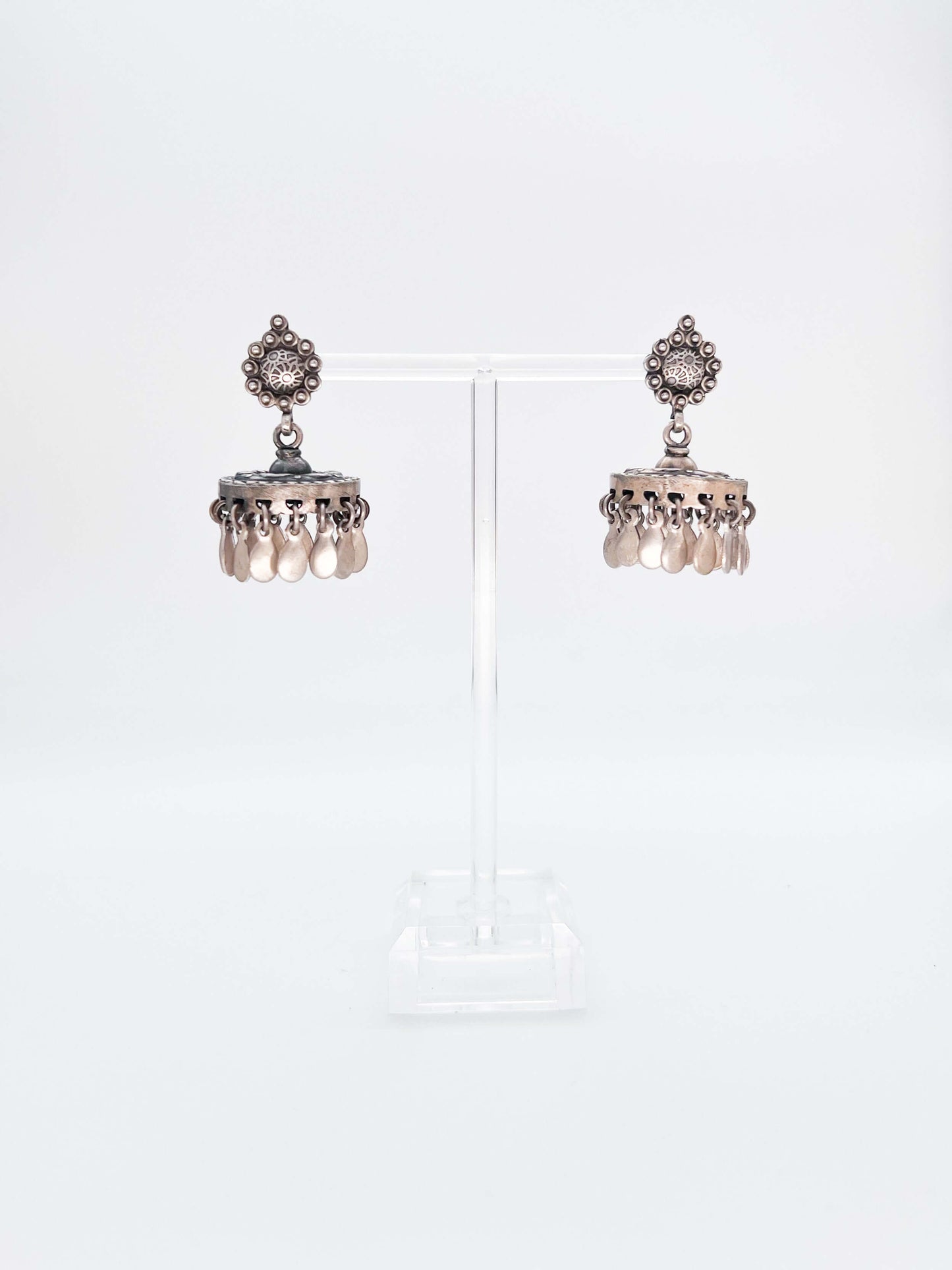 Aarya silver jhumka with leaf hanging detail